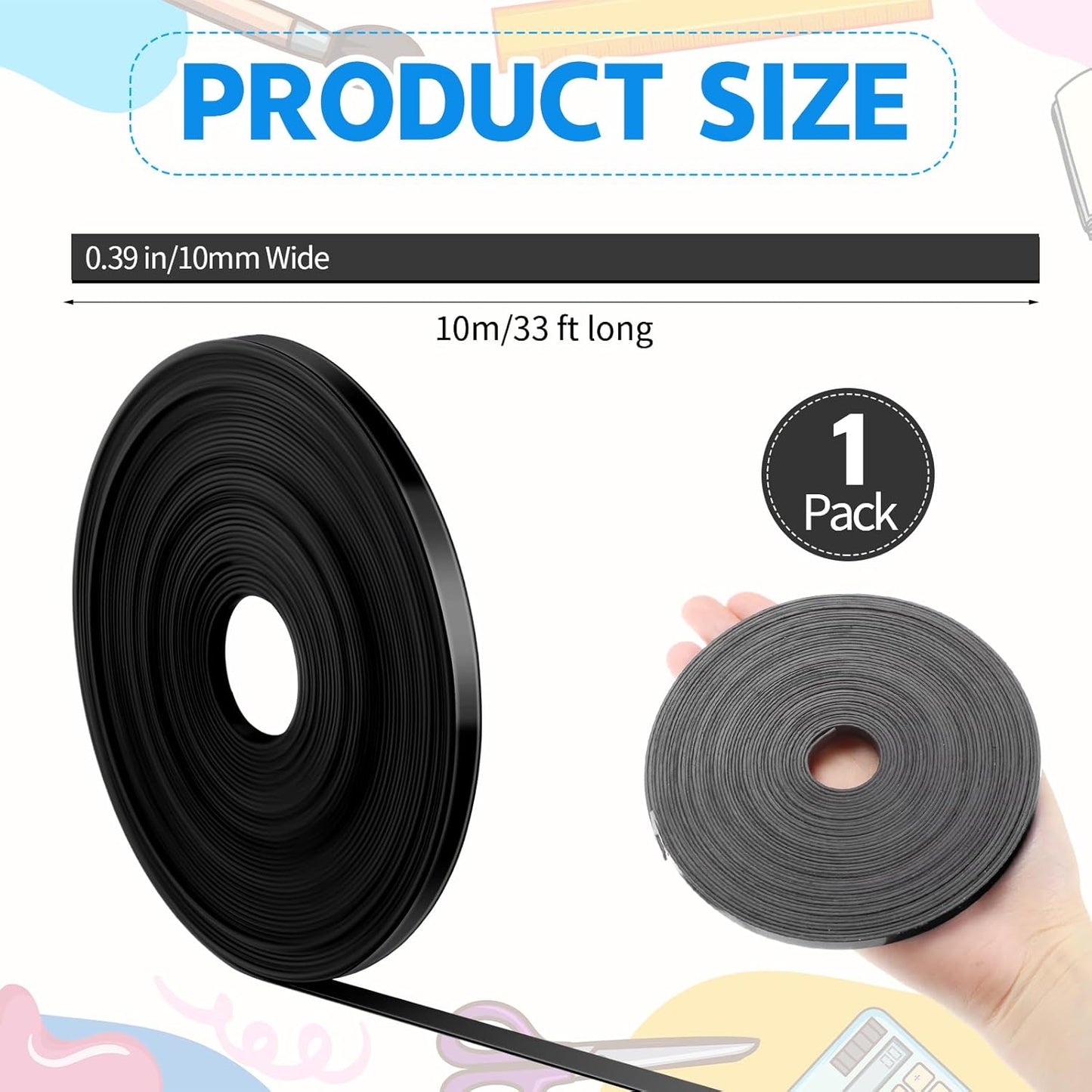 Magnetic Tape Roll Thin Strips, 0.39 Inch x 33 Feet Magnetic Board Dividers Whiteboard Graphic Decorative Tape Marking Line for Classroom Office Art Accessories(Black)