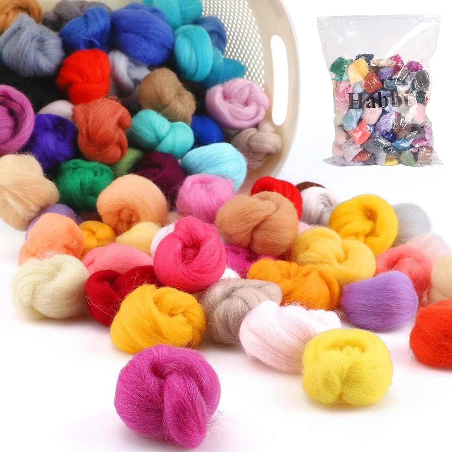 Habbi 100 Colors Needle Felting Wool - Fibre Wool Roving for DIY Craft, Needle Felt Roving for Spinning Blending Custom Colors