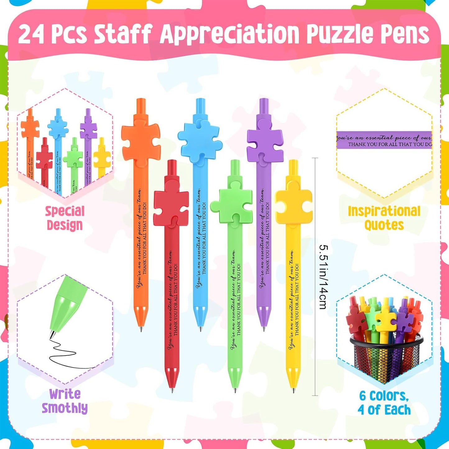 Eaasty 24 Pcs Employee Appreciation Gifts Bulk Inspirational Puzzle Pens Thank You Ballpoint Pens for Coworkers Staff Team Teacher Nurse Pastor Boss's Day Vet Tech Week Pharmacy Technicians Day Gifts