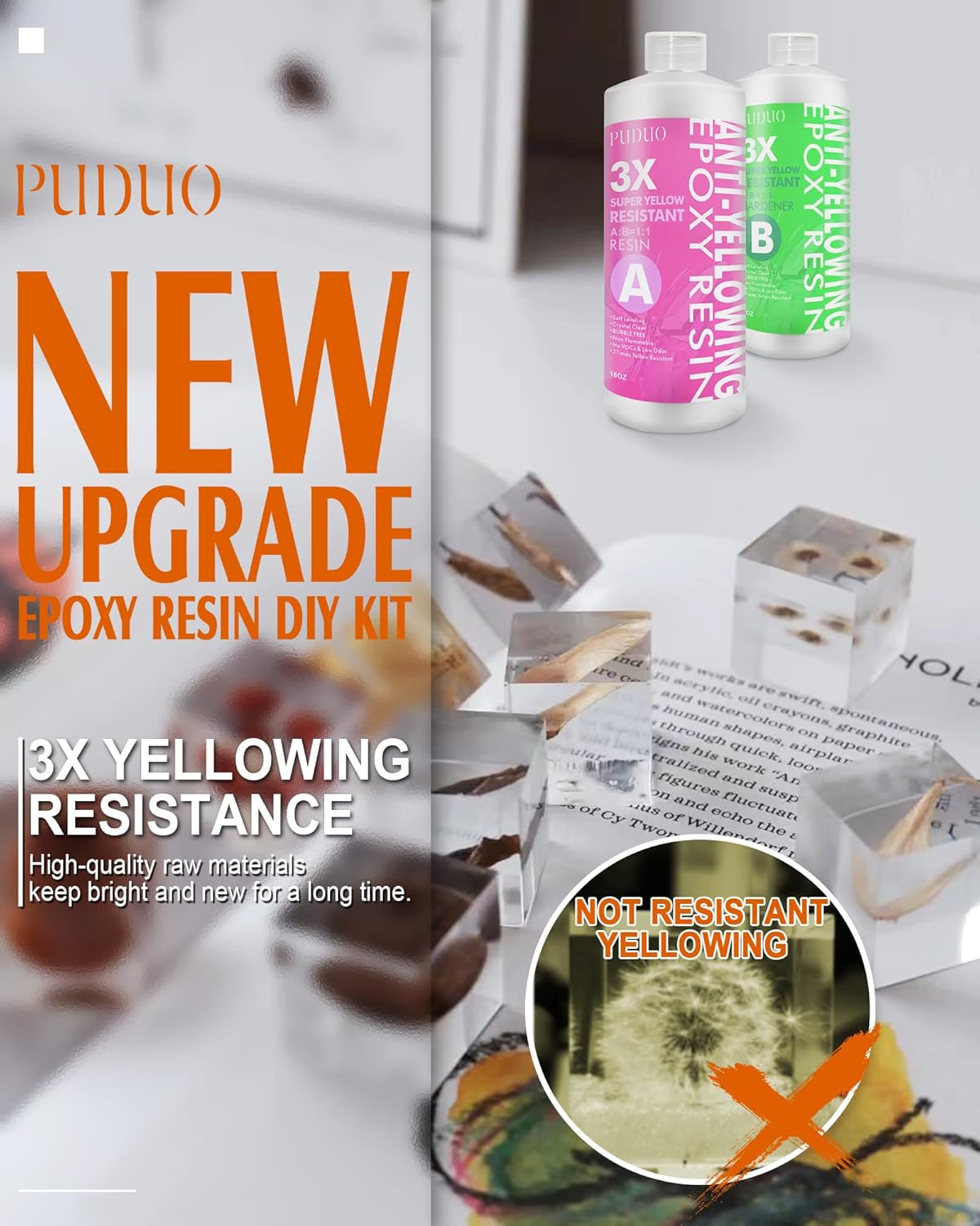 Epoxy Resin Crystal Clear Kit, Super Anti-Yellowing Craft Resin Epoxy 32OZ(16OZ Resin and 16OZ Hardener) for Art, Jewelry Making, Casting, Silicone Molds,Craft,Pigment by Puduo