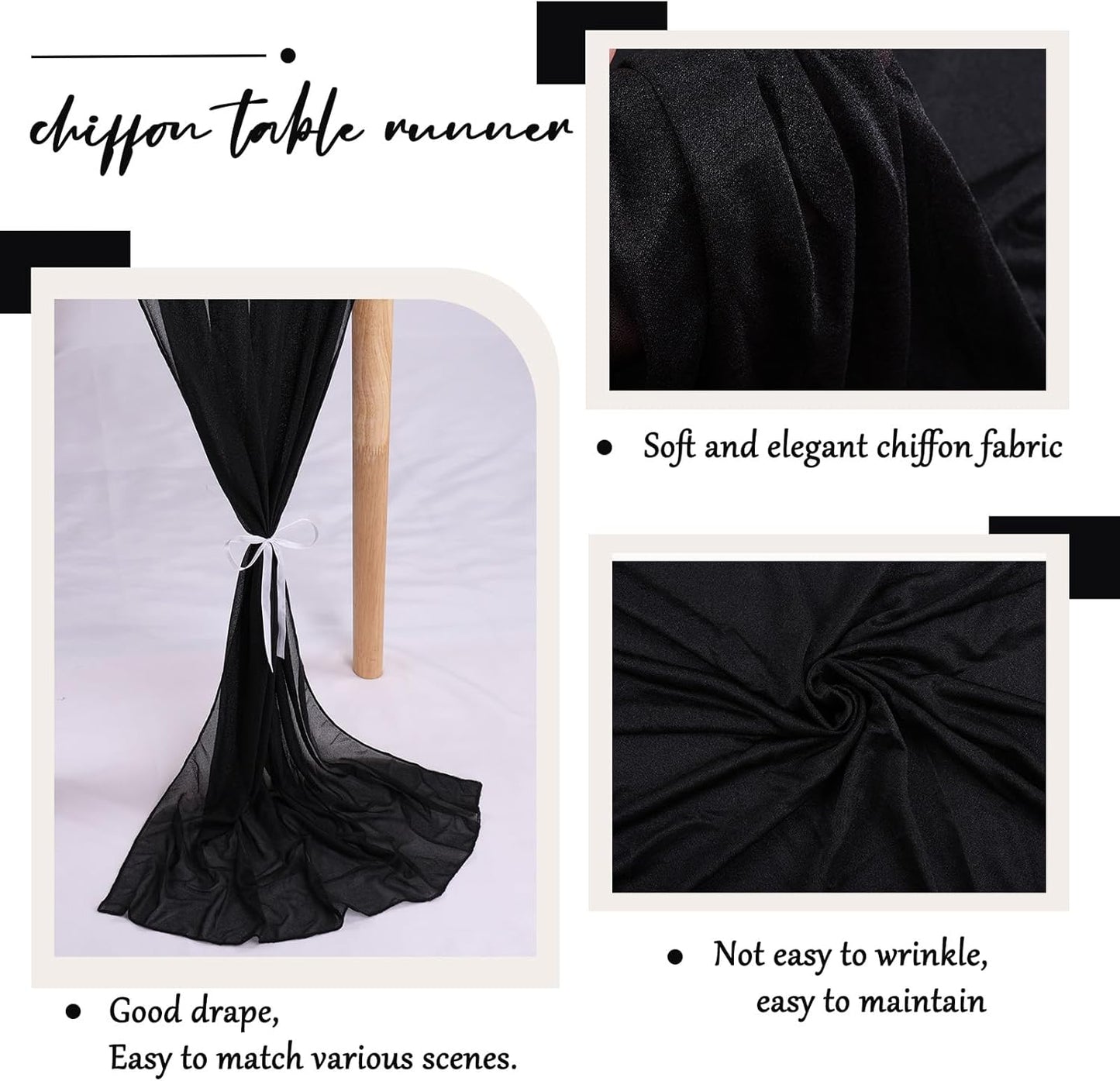 10ft Black Chiffon Table Runner 30 x 120 Inches Sheer Long Tulle Table Runner for Rustic Boho Wedding Birthday Party Decor Bridal Baby Shower Decorations