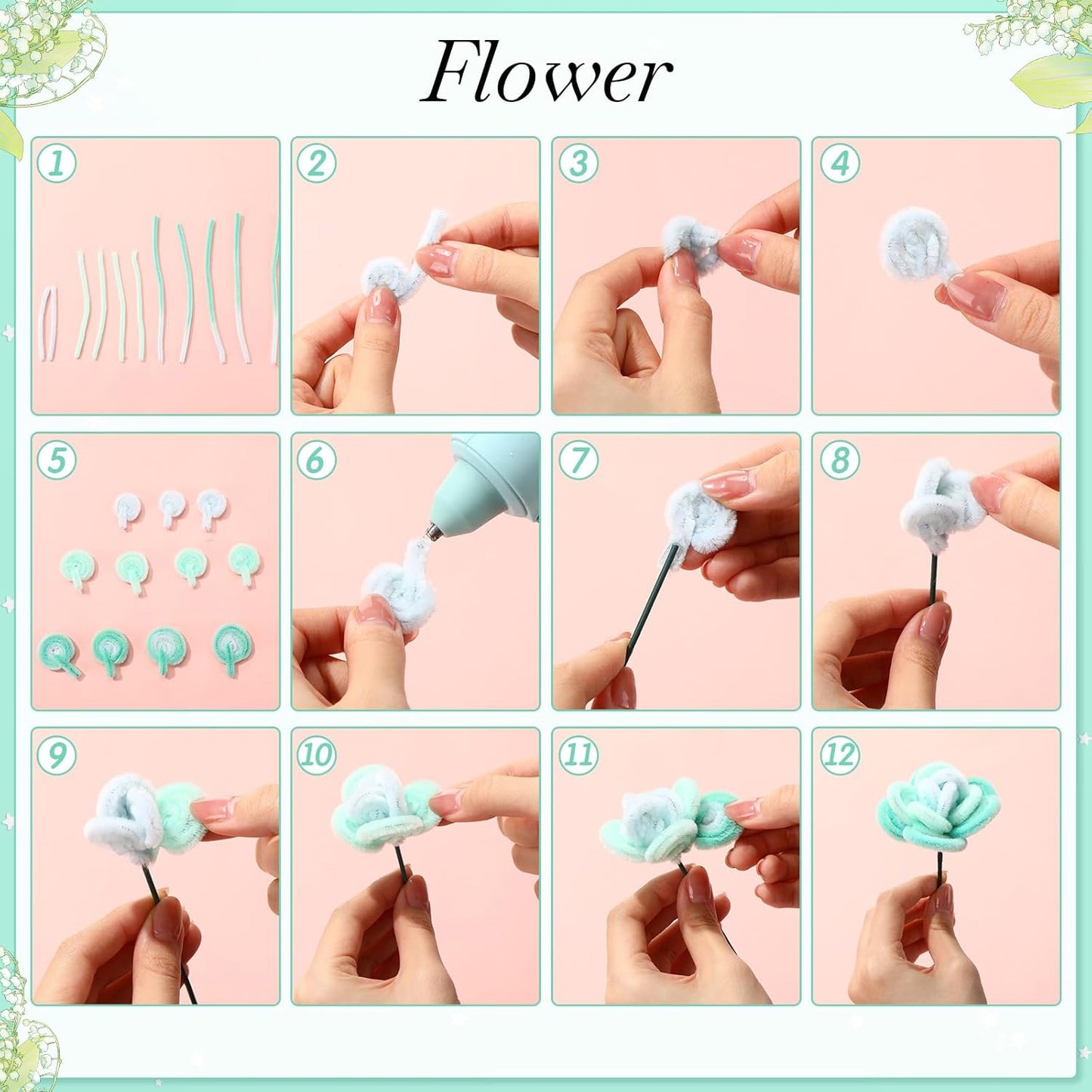 DaisyInner 700 Pcs Halloween Fall Pipe Cleaners Craft Bulk Pastel Chenille Stems Flower DIY Gradient Colored Fluffy for School Classroom Thanksgiving Christmas Party Supplies(White,Green)