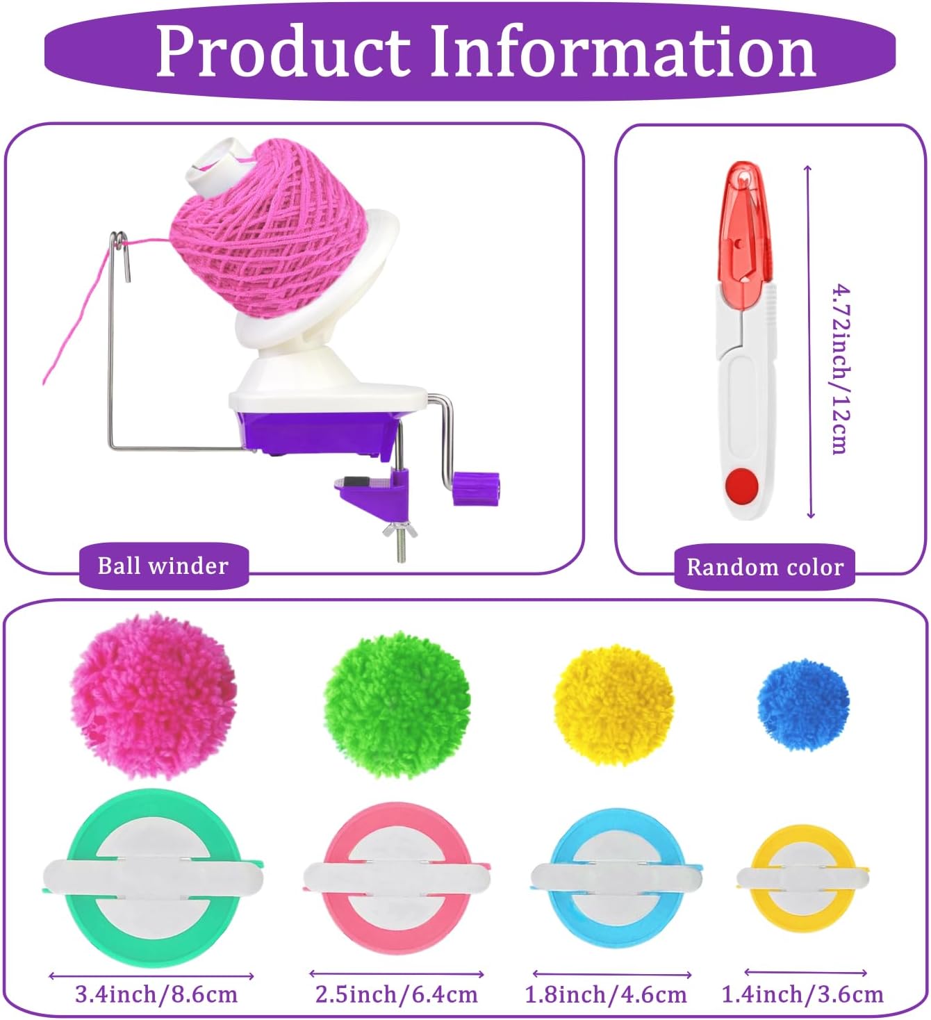 Yarn Ball Winder, Weaving Ball WinderNeedle Craft Yarn Ball Winder,The Helper for Knitting Enthusiast,Sturdy with Metal Handle and Tabletop Clamp, with 4 Size Pom Pom Makers+1PS Scissors