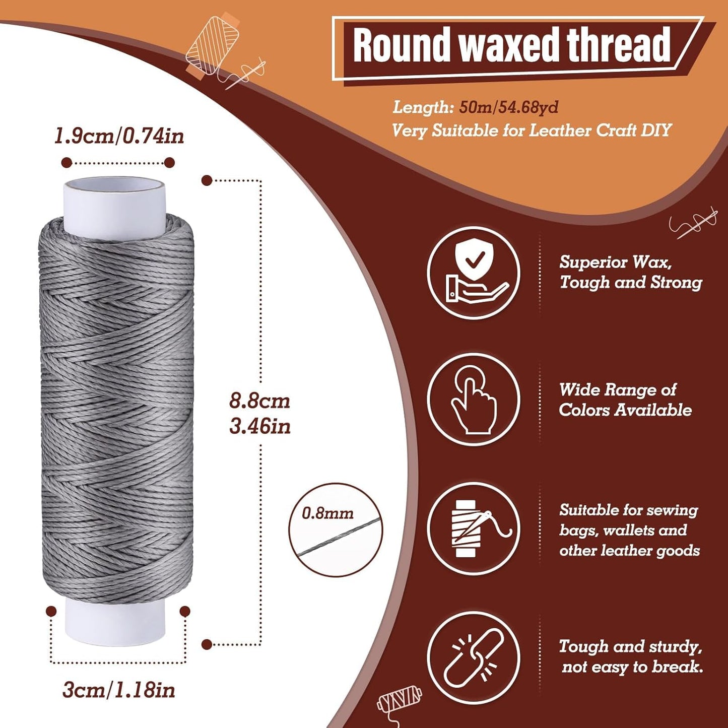 0.8 mm 54 Yards Round Waxed Thread for Leather Sewing, Leather Thread Wax String for Sewing, Stitching, Bookbinding, Bracelet, Braiding (Light Grey)