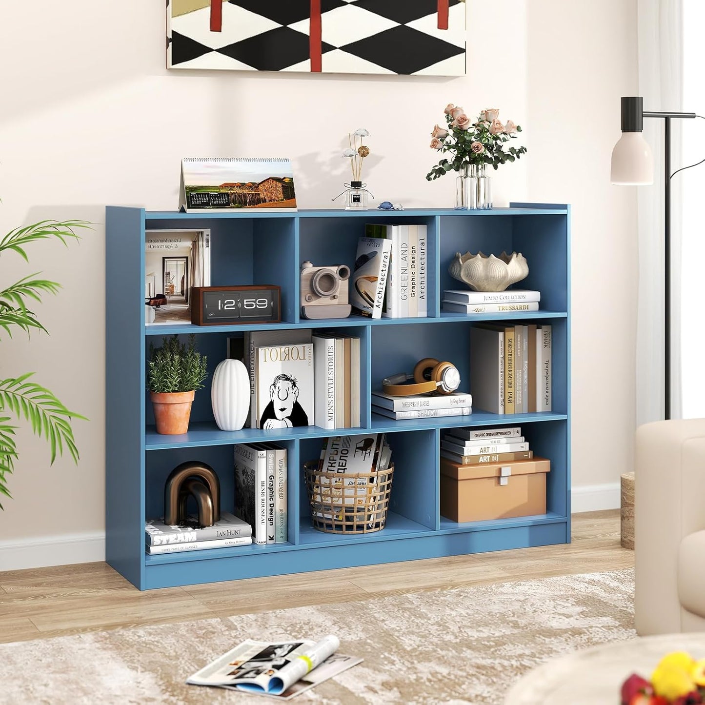 Giantex 8 Cube Bookcase, Freestanding 3-Tier Open Bookshelf, Modern Storage Display Cabinet, Wood Cube Storage Organizer for Living Room, Kid’s Room, Bright Blue