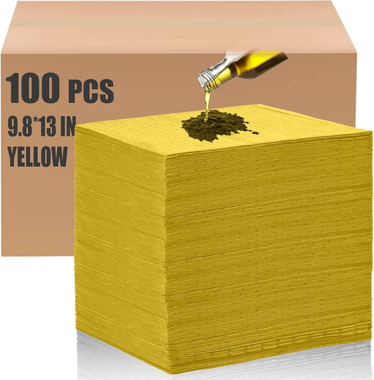 Hoolerry 100 Pcs Oil Absorbent Pads Weight Dimpled Pad Garage Accessories Water Absorbent Mat Oil Spill Mat for Absorbing Protecting Home Garage Basement (9.8 x 13 Inch,Yellow)