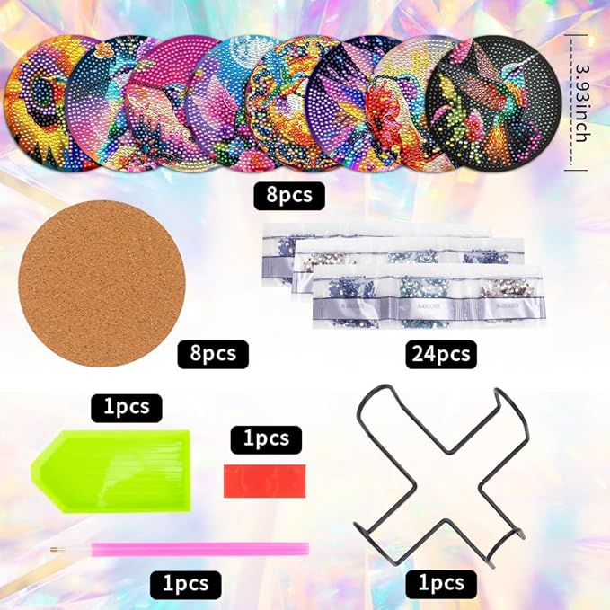 8 Pcs DIY Hummingbird Flowers Coasters with Holder - Diamond Art Painting Kits for Adults & Kids - Gift