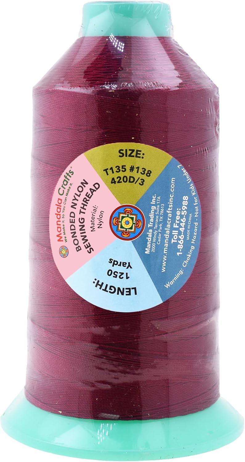 Mandala Crafts Bonded Nylon Thread Wine Heavy Duty Sewing Threads - 1250 YDs Size 138 420D T135 Tex 135 Thread for Leather Jeans Weaving Outdoor Marine Upholstery Threads