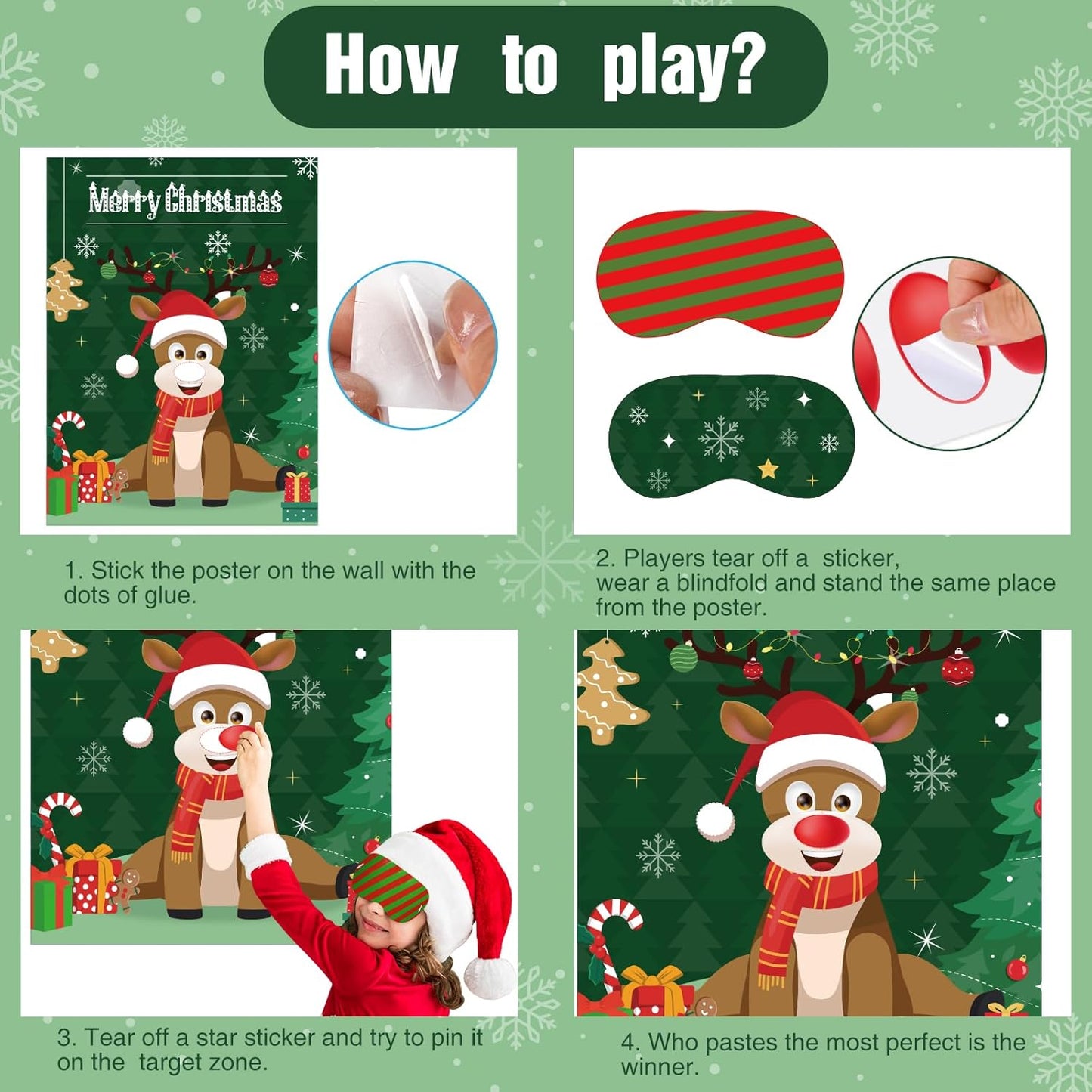 ASTARON Christmas Party Games for Kids, Pin The Hat on Reindeer with 36 Stickers 2 Blindfolds Christmas Holiday Party Decorations School Classroom Activities