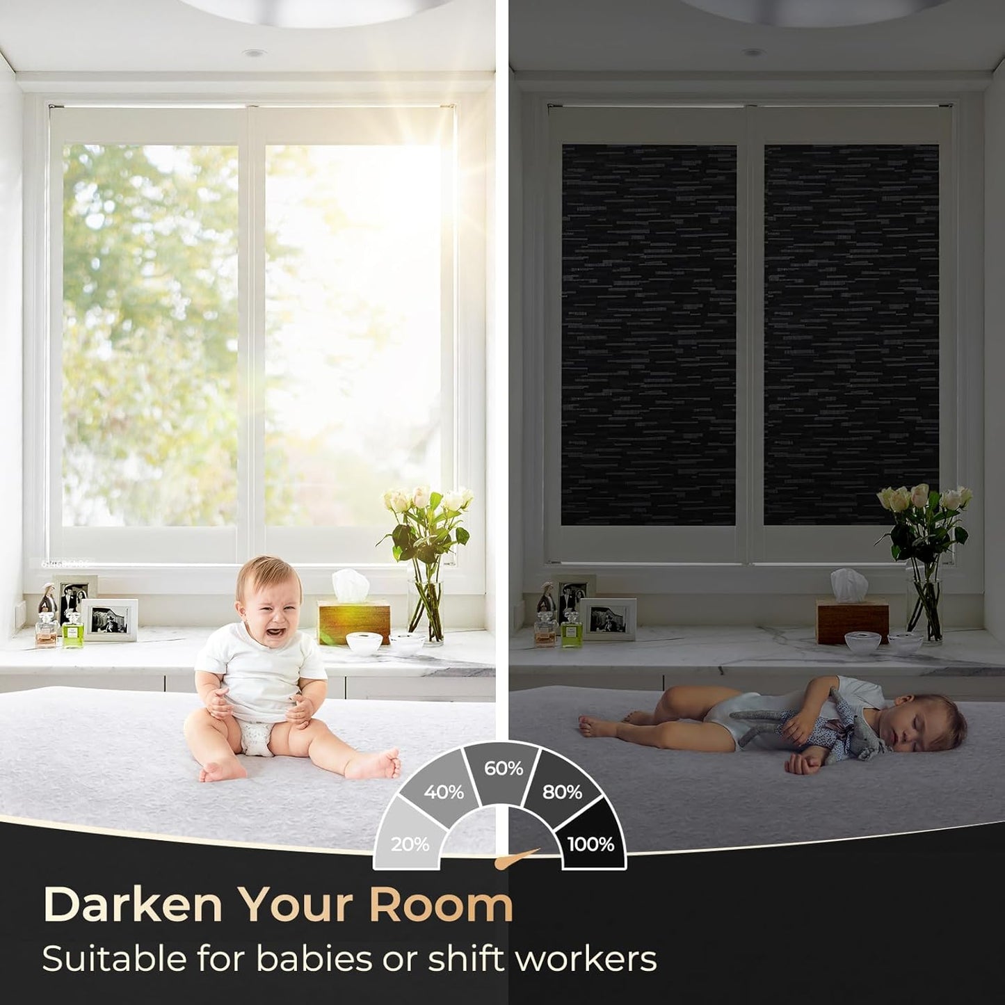 rabbitgoo Blackout Window Film, Sun Blocking Privacy Film for Room Darkening, Removable Black Out Vinyl Cover Tint for Home Day Sleep, Anti-UV Frosted Glass Clings, Black, 35.4 x 118.1 Inches