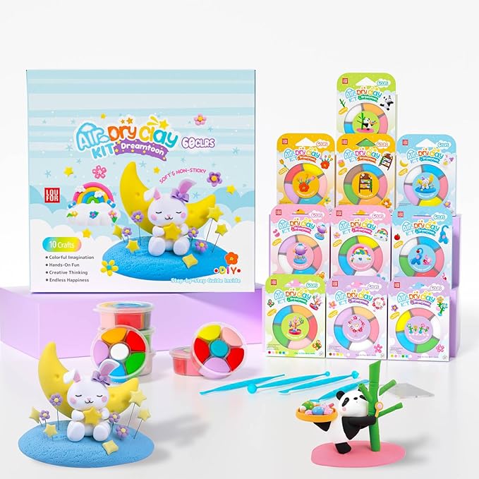 Air Dry Clay for Kids - Modeling Clay Kits, Ultra Light & Soft, Safe & Non-Toxic, 10 Boxes DIY Model Magic Clay 60 Colors with Sculpting Tools und Tutorials, Creative Art Crafts Toys Gifts Boys Girls