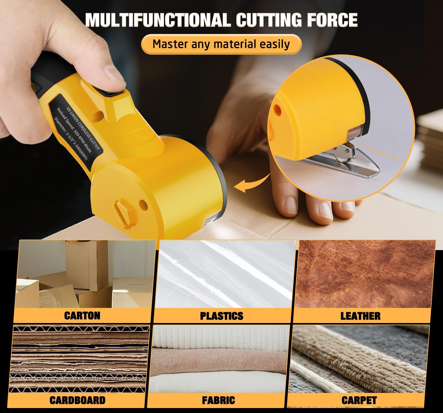 Cordless Electric Scissors: 4V Rechargeable Cardboard Cutter, 3 Blades, Safety Lock & LED Light, Box Cutter for Carton Carpet Plastic Fabric Leather(Yellow）