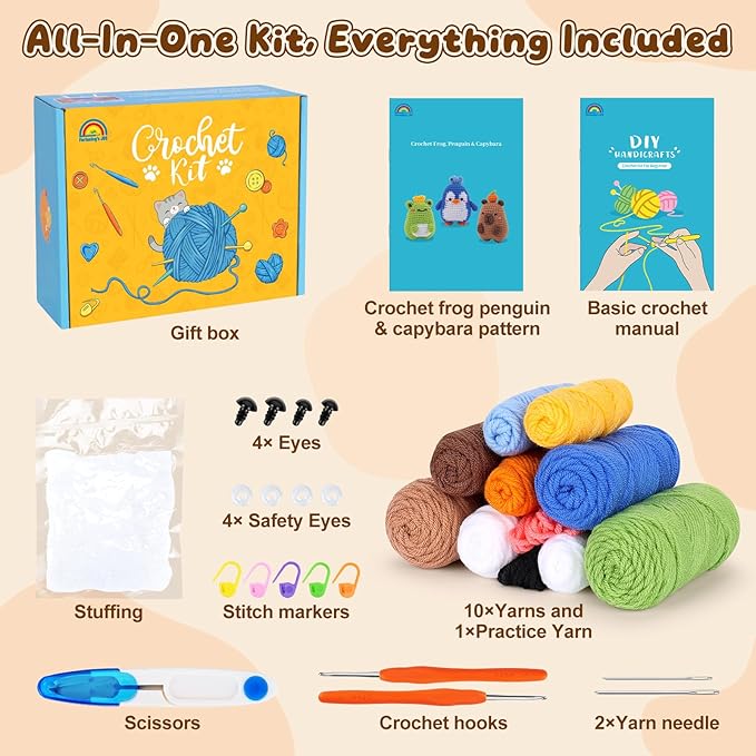 Fortuning's JDS Crochet Kit for Beginners, Crochet Animal Kit Includes Penguin, Capybara & Frog, Complete Starter Kit for Adult and Kids, DIY Craft Crochet Kits, Easy Knitting Kit Christmas Gifts