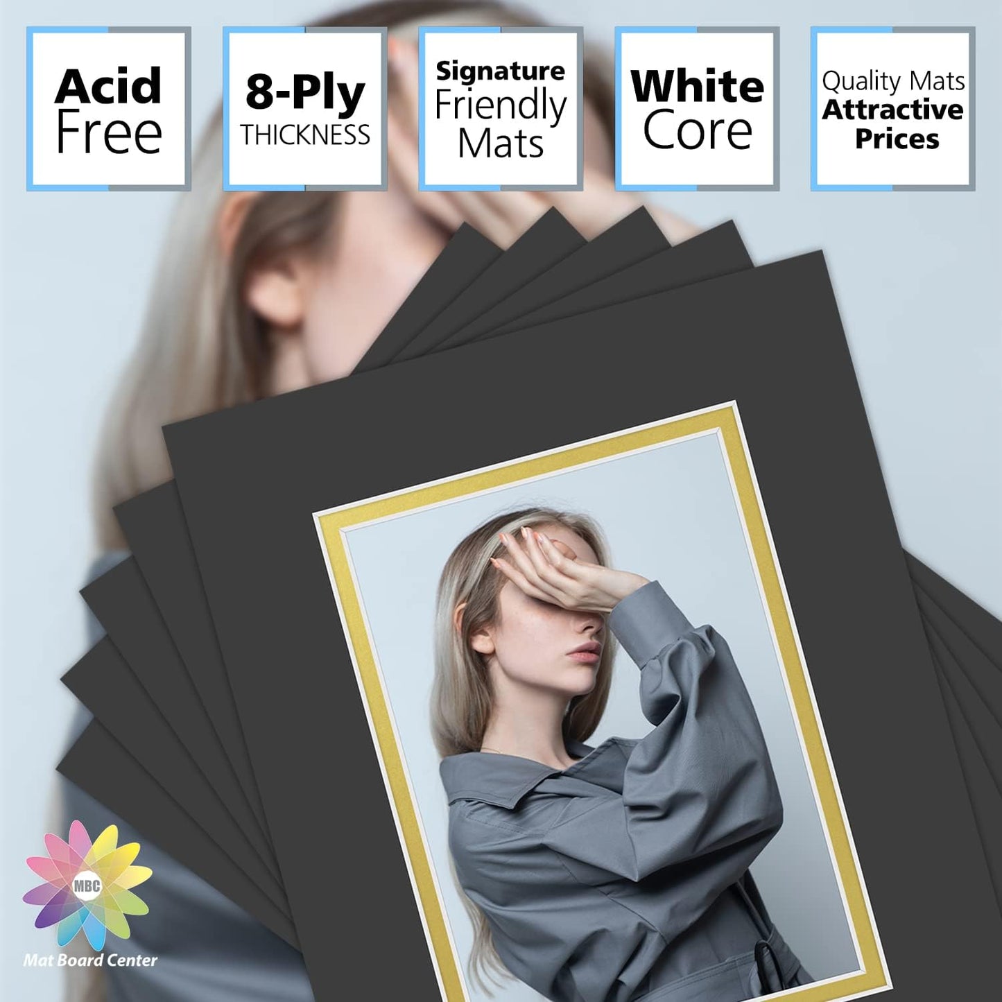 Mat Board Center, Double Mat - Acid Free, 8-ply Thickness, White Core - for Pictures, Photos, Framing (Black Over Gold, 8x10 for 5x7, Pack of 5)