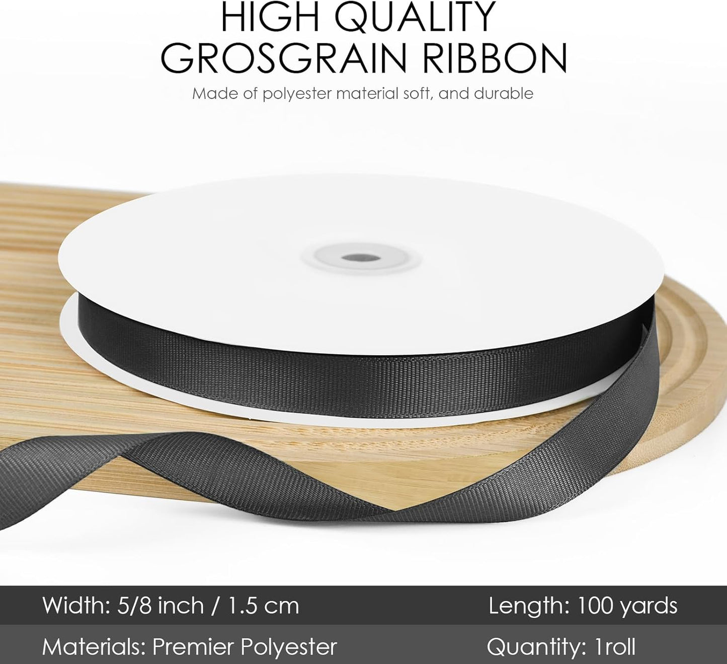 100 Yards 5/8 inch Grosgrain Ribbon, Solid Color Fabric Ribbon Perfect for Gift Wrapping, Wedding, Handmade Bows, Floral Bouquets and Party Decoration(Black)