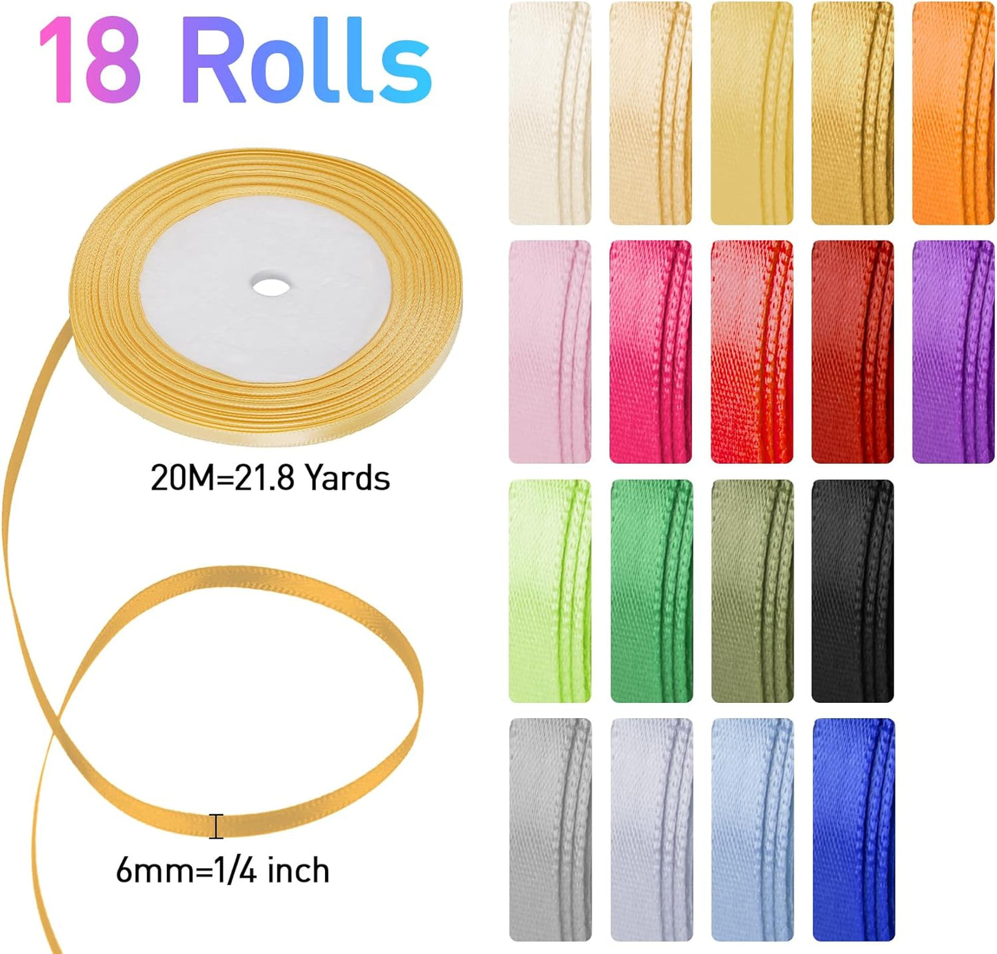 ABSOFINE 18 Colors Satin Ribbon Polyester, 1/4 inch Solid Fabric Ribbon Roll for Gift Wrapping, DIY Crafts, Wedding Christmas Birthday Party Decorations