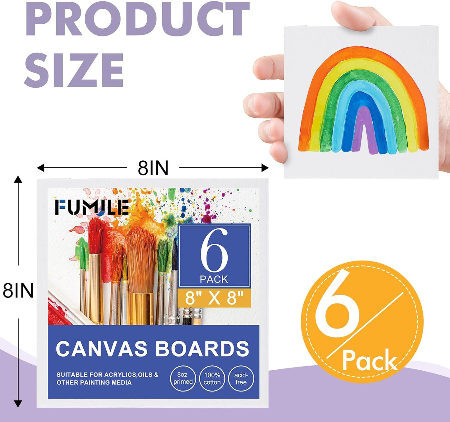 FUMILE Canvas Boards for Painting 8x8, 6 Pack Canvases for Painting Primed Acid Free Blank Canvas Panels for Painting Canvas for Classroom and Painting Parties.