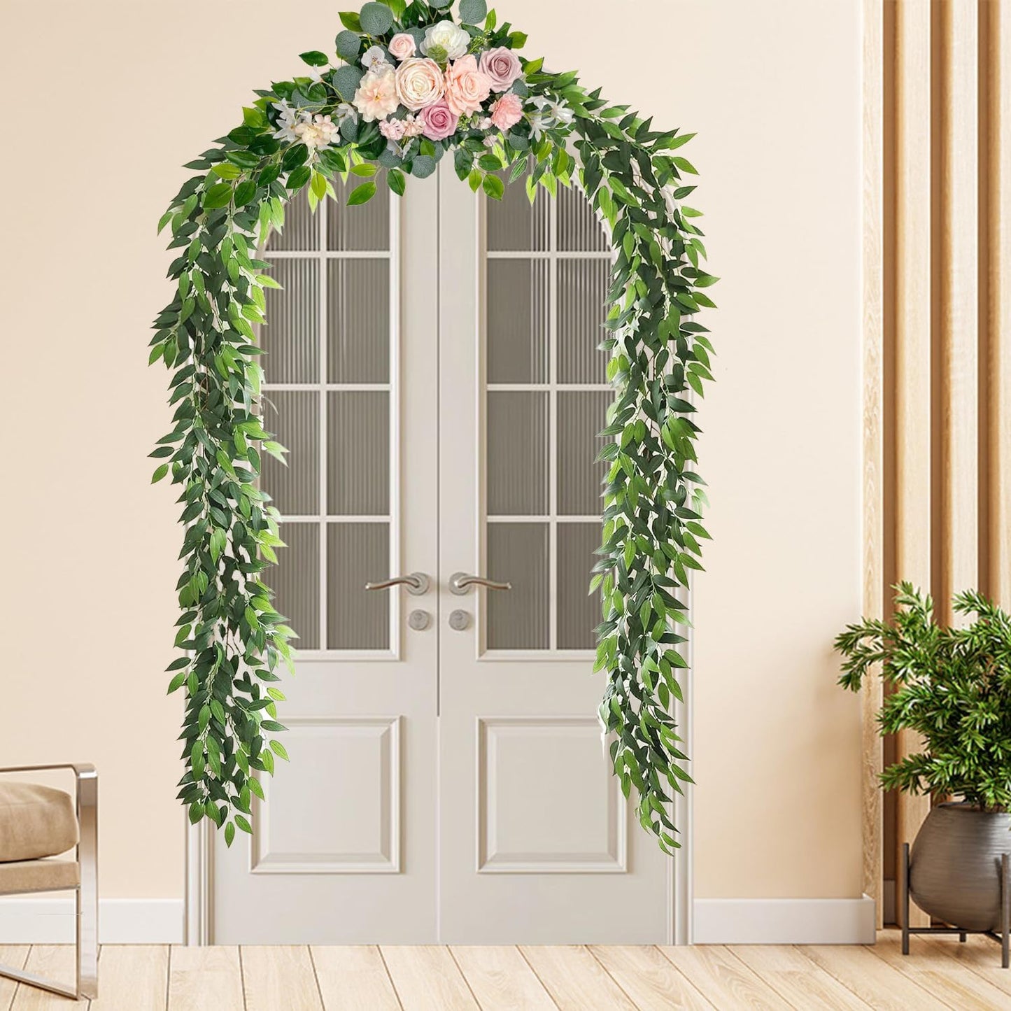 Artificial Italian Ruscus Vines, 3Pcs/75 Silk Vine Garland with Green Leaves, Fake Hanging Plants Greenery Decor for Home, Bedroom, Wall, Party, Wedding Decoration(75inch/3pcs/Vines)