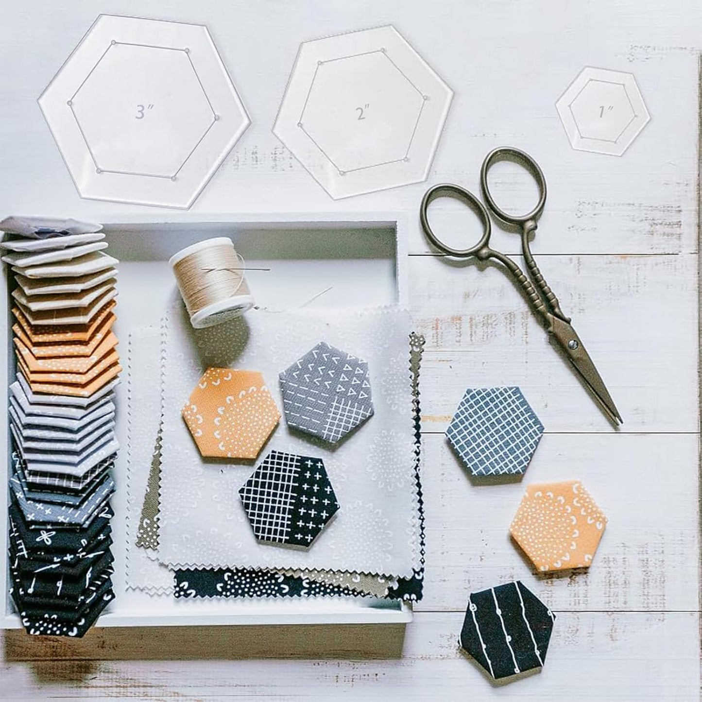 7 Pieces Hexagon Quilting Template with 1/4 Inch Seam Allowance, Hexagon Acrylic Quilting Rulers and Templates for Sewing DIY Manual Crafts Including 1 Inch*2, 1.5 Inch*2, 2 Inch, 3 Inch, 5 Inch