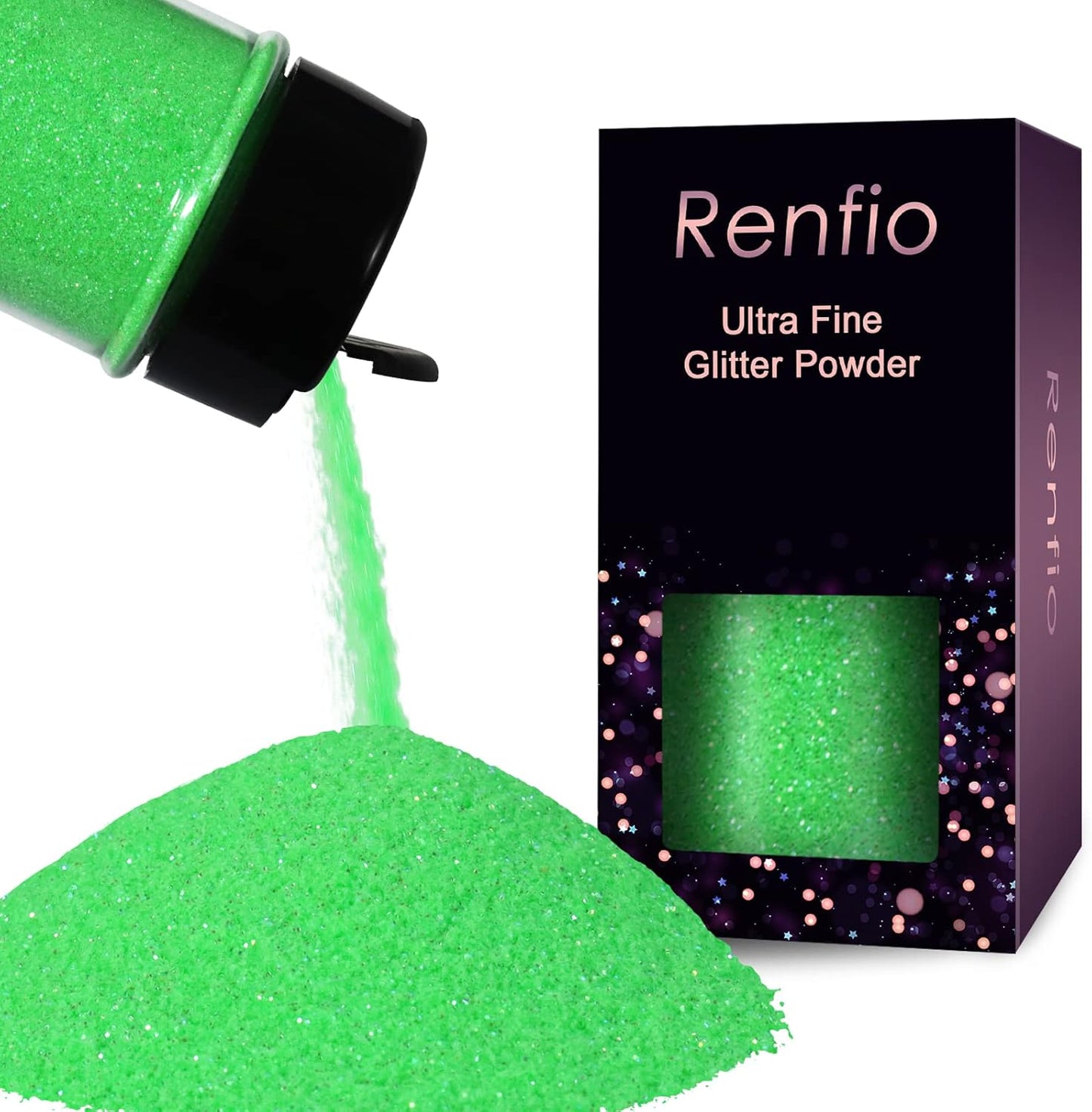 Renfio Iridescent Ultra Fine Glitter Powder Resin Supplies Glitters 1.94 Oz (55g) PET Flake Crafts Sequins 1/128" 0.008" 0.2mm Epoxy Chips Flakes for Tumblers Slime Painting - Fluorescent Green