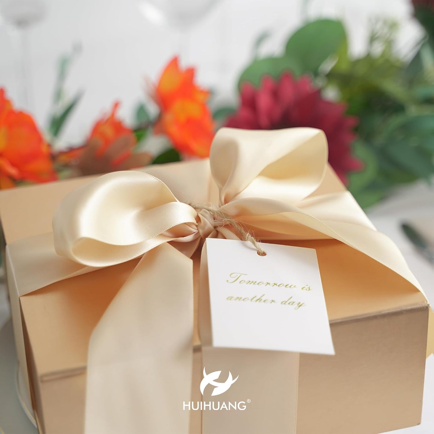 HUIHUANG Champagne Gold Ribbon 2 inch Double-Faced Champagne Satin Ribbon for Wedding Flower Bouquet, Dress Chair Sashes, Invitations Card, Gift Wrapping, Bows, Crafts, Holiday Decor -25 Yards/Roll