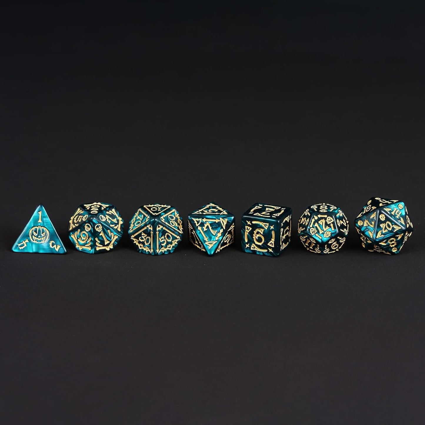 7-Die DND Dice Set Halloween Pattern Polyhedral Die Set with Leather Bag, Skull Dice D&D Die for RPG Table Games (Halloween Pattern-Green)