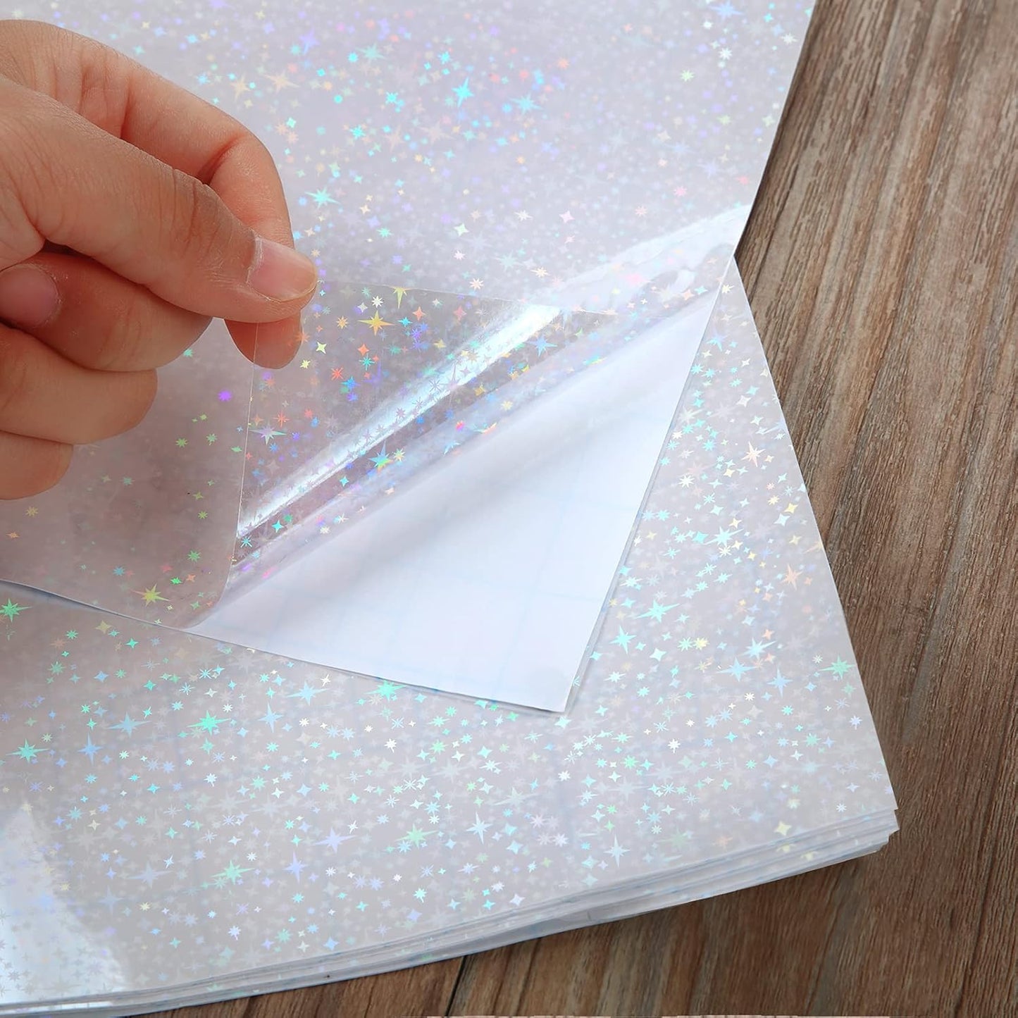 Outus 24 Sheets Holographic Sticker Paper Holographic Laminate Sheets Transparent Overlay Lamination Sticker Self Adhesive Vinyl Film A4 Size, 8.25 x 11.7 Inches(Star Style)