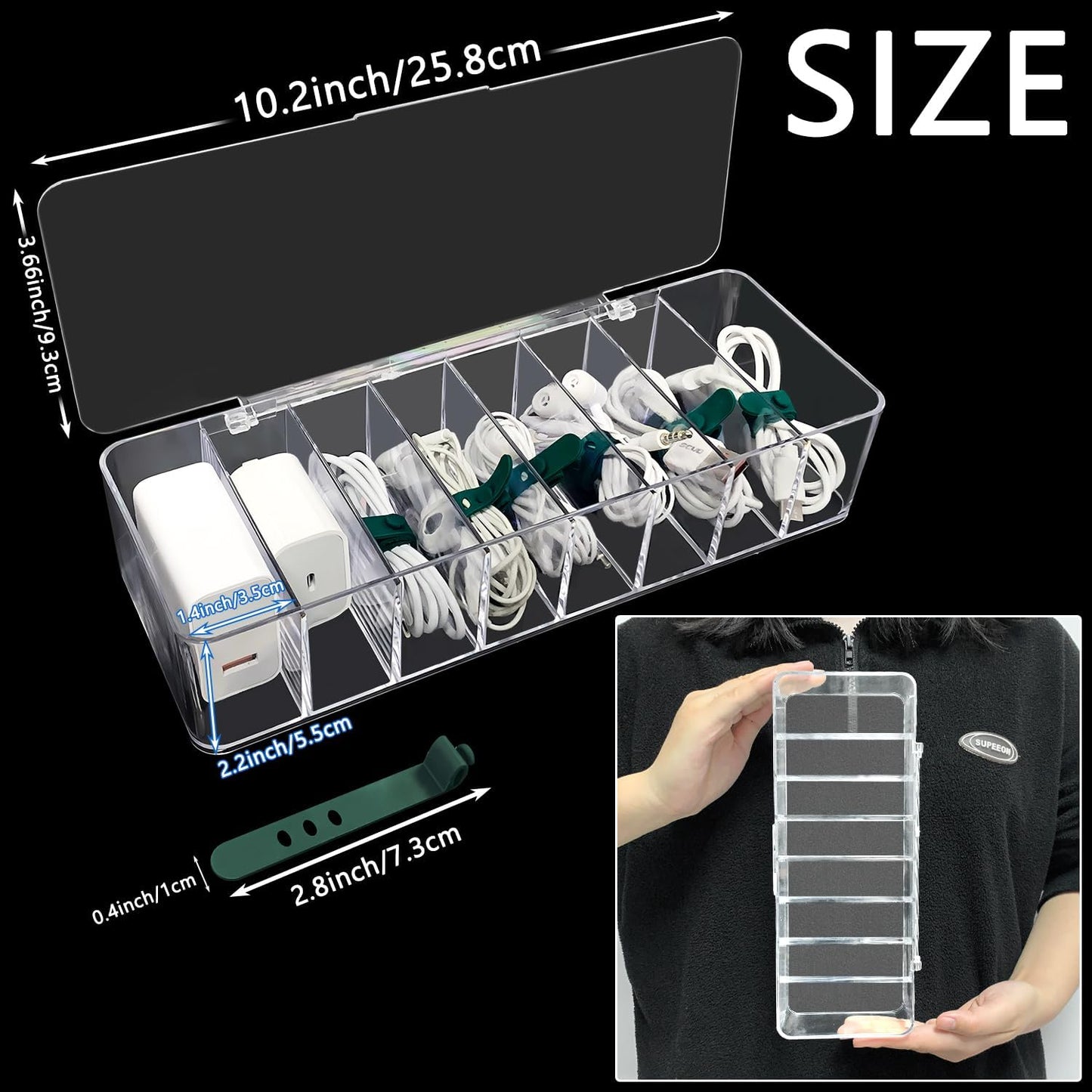 DUOFIRE 2 Pcs Cord Organizer with 16 Cable Ties, Clear Acrylic Cable Organizer Charger Organizer Electronics Organizer with Lid for Home Office Desk Organizers and Accessories
