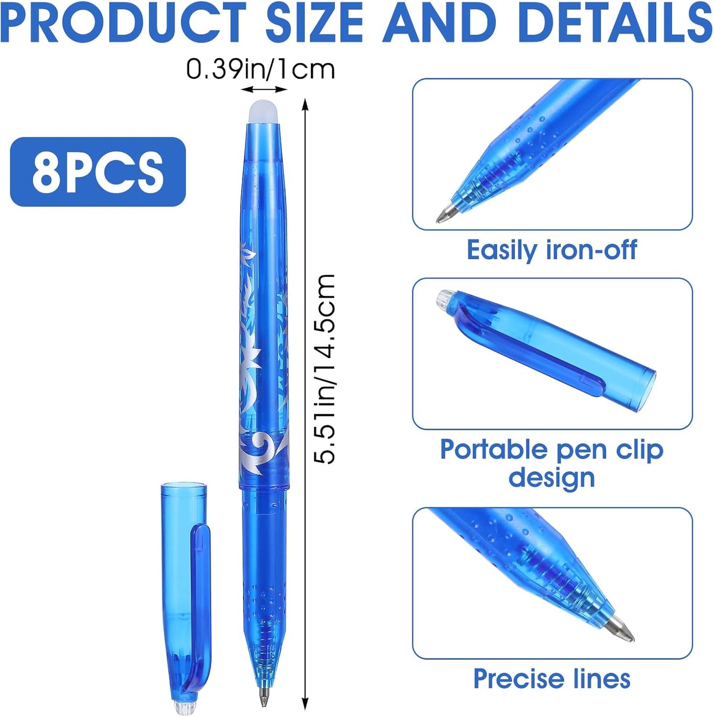 8pcs Heat Erasable Pens for Fabric, Fabric Marking Pens Fabrics Markers No Ghost Lines, Disappearing Ink for Precise Marking for Quilting Sewing Embroidery DIY Dressmaking Fabrics Tailors Chalk