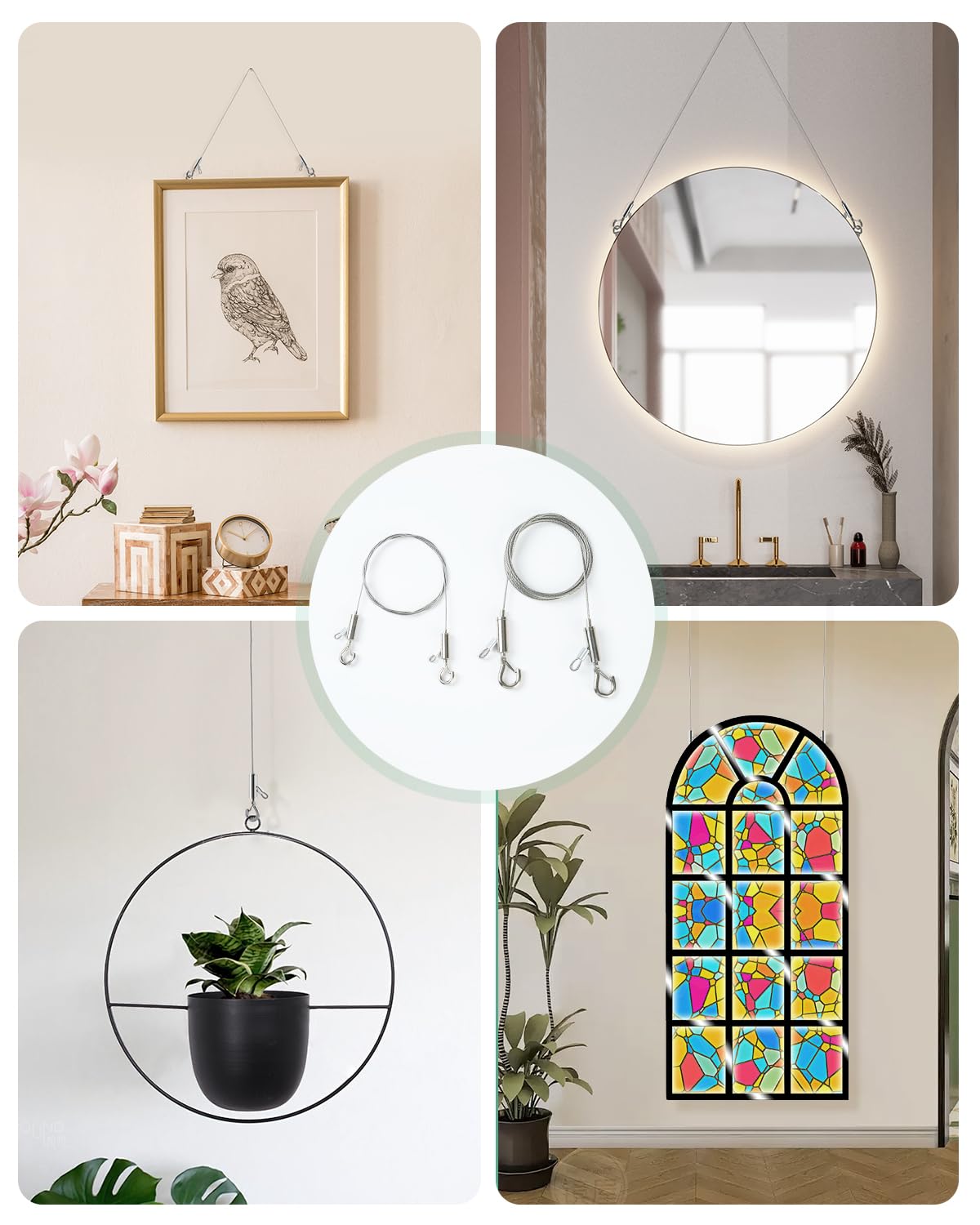 Adjustable Picture Hanging Wire, 2PCS 1m x 1mm Small Hooks + 2PCS 2m x 1.5mm Large Hooks Picture Frame Wire Kit Heavy Duty up to 100lbs, Stainless Steel for Mirror, Light, Flowerpot