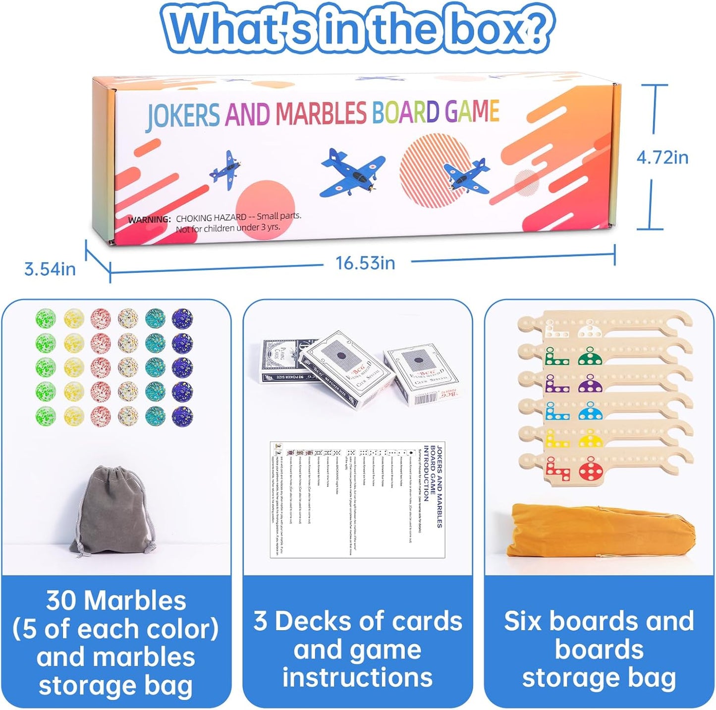 Jokers and Marbles Board Game, Wooden Marble Game for 2-6 Players, Portable Jokers Game with 30 Marbles 3 Decks of Cards 2 Storage Bags for Family Game Night and Holiday Party