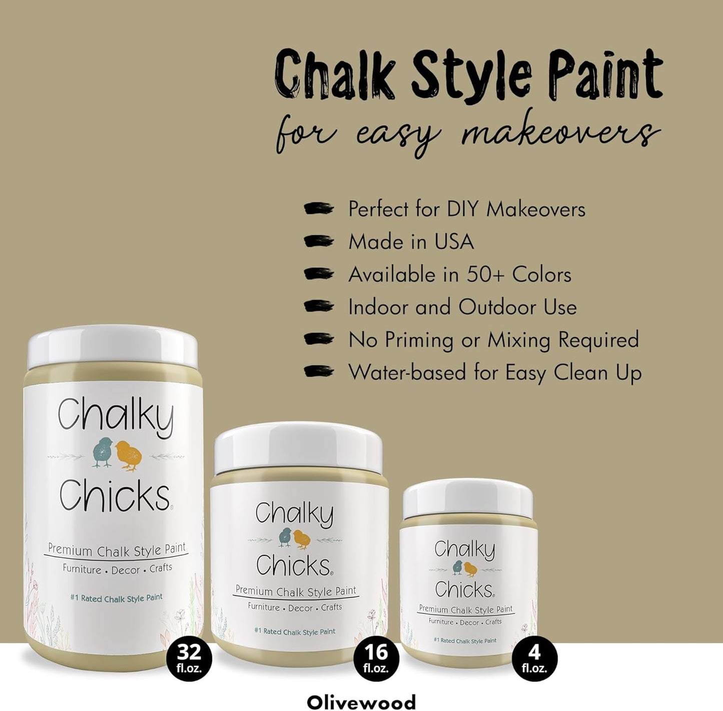 Chalky Chicks All-in-One Chalk Paint for Furniture or Cabinet - 32 Fl Oz - Matte Finish Olive Wood (Taupe) for Metal, Wood Furniture Paint - No Sanding All-in-One for Home Decor & Crafts, USA Made