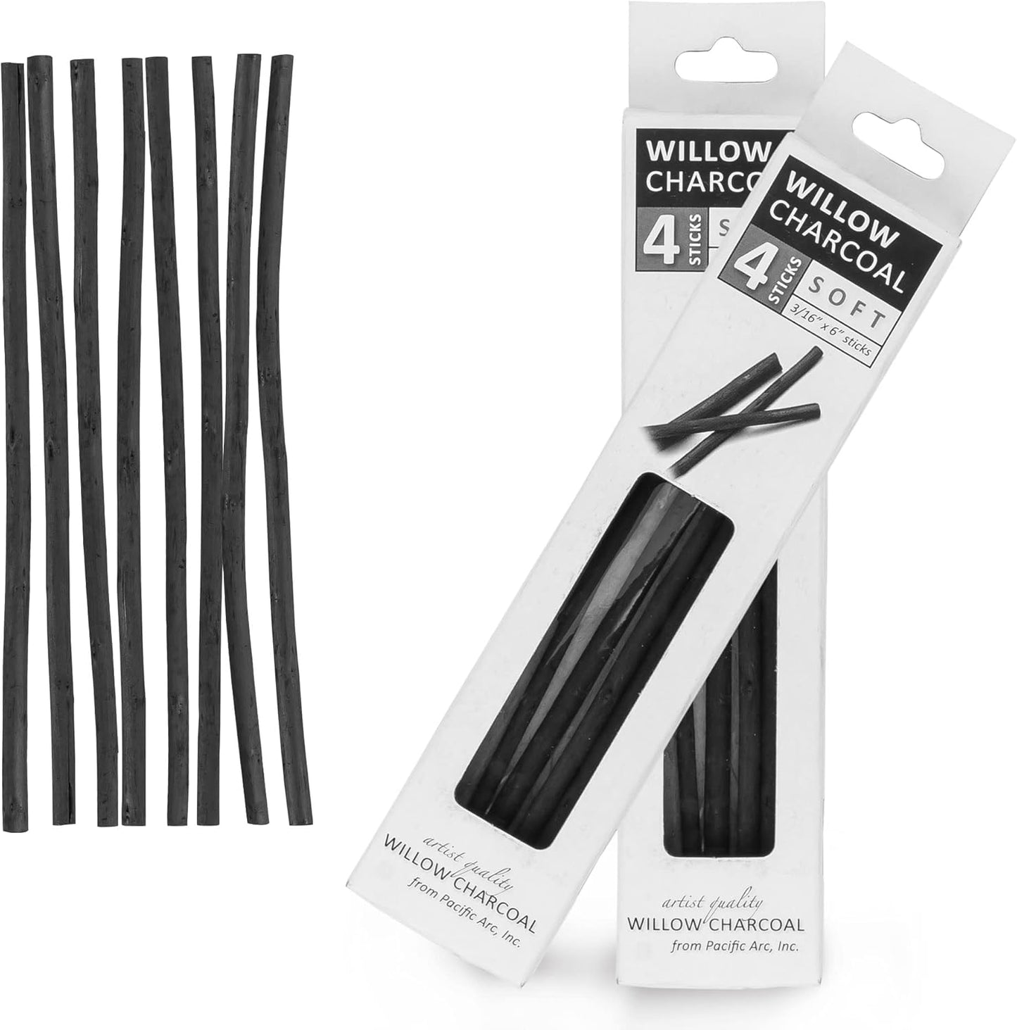 Pacific Arc 2 PACK Large Willow Charcoal Stick 4/Pkg, Soft, Black, Thick Willow Charcoal for Sketching and Drawing …