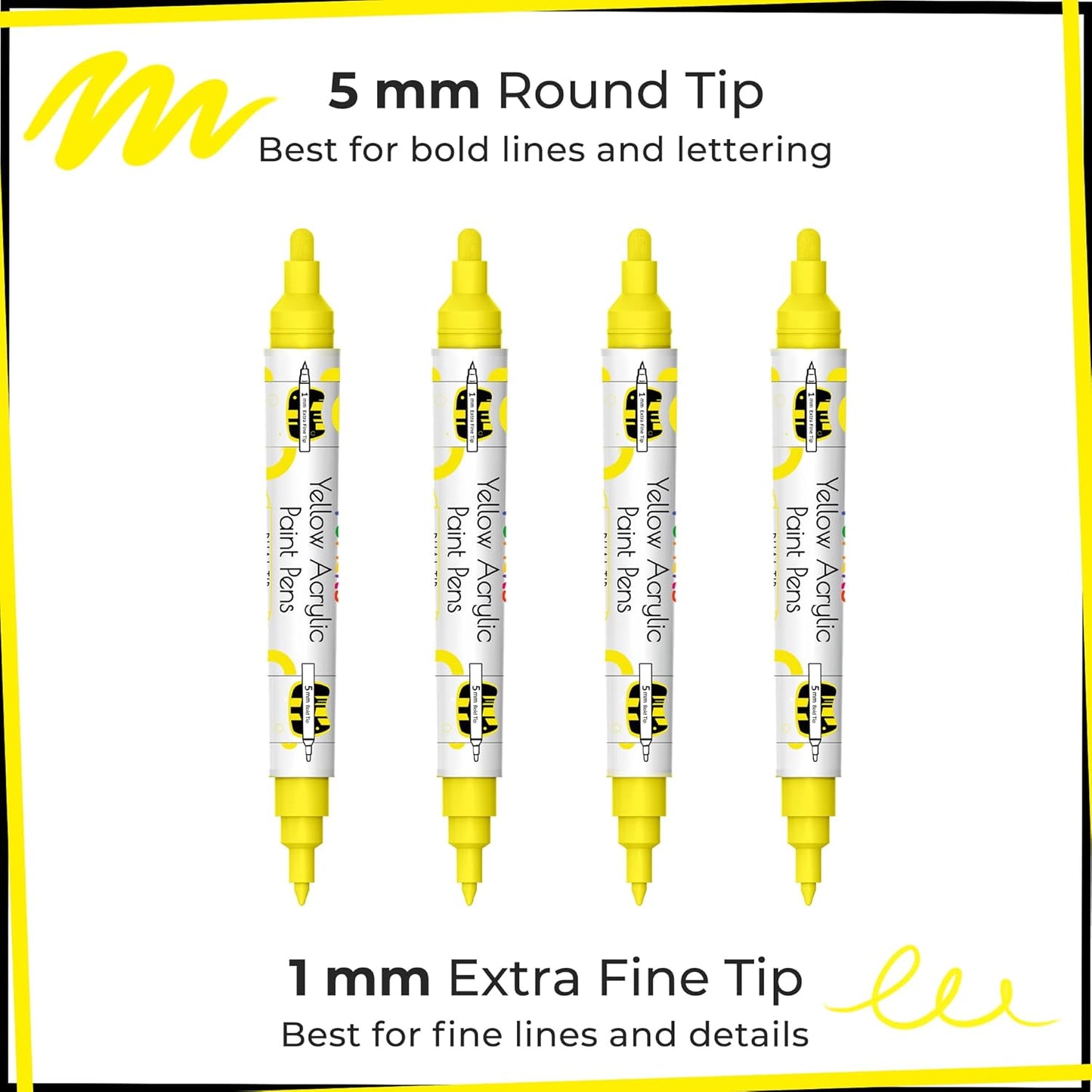 4 Dual Tip Yellow Paint Pen Metallic - Fine Tip & Medium Acrylic Paint Markers - Yellow Marker for Metal, Wood, Rock Painting, Canvas, Ceramic, Glass, Fabric, Leaf and Plastic - Water-based Ink