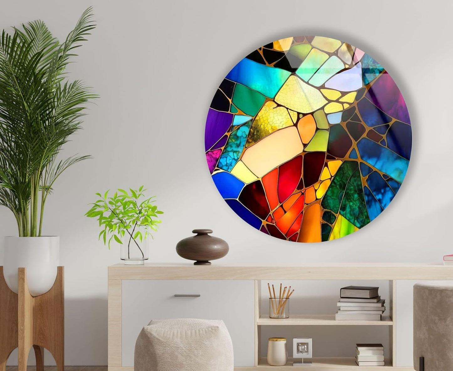 My Photostation.com 24''(60cm) Diameter Multicolor Round Stained Glass Wall Art Vibrant Mosaic Abstract Panel Tempered Glass Printing Wall Decor Large Wall Art Wall Hangings