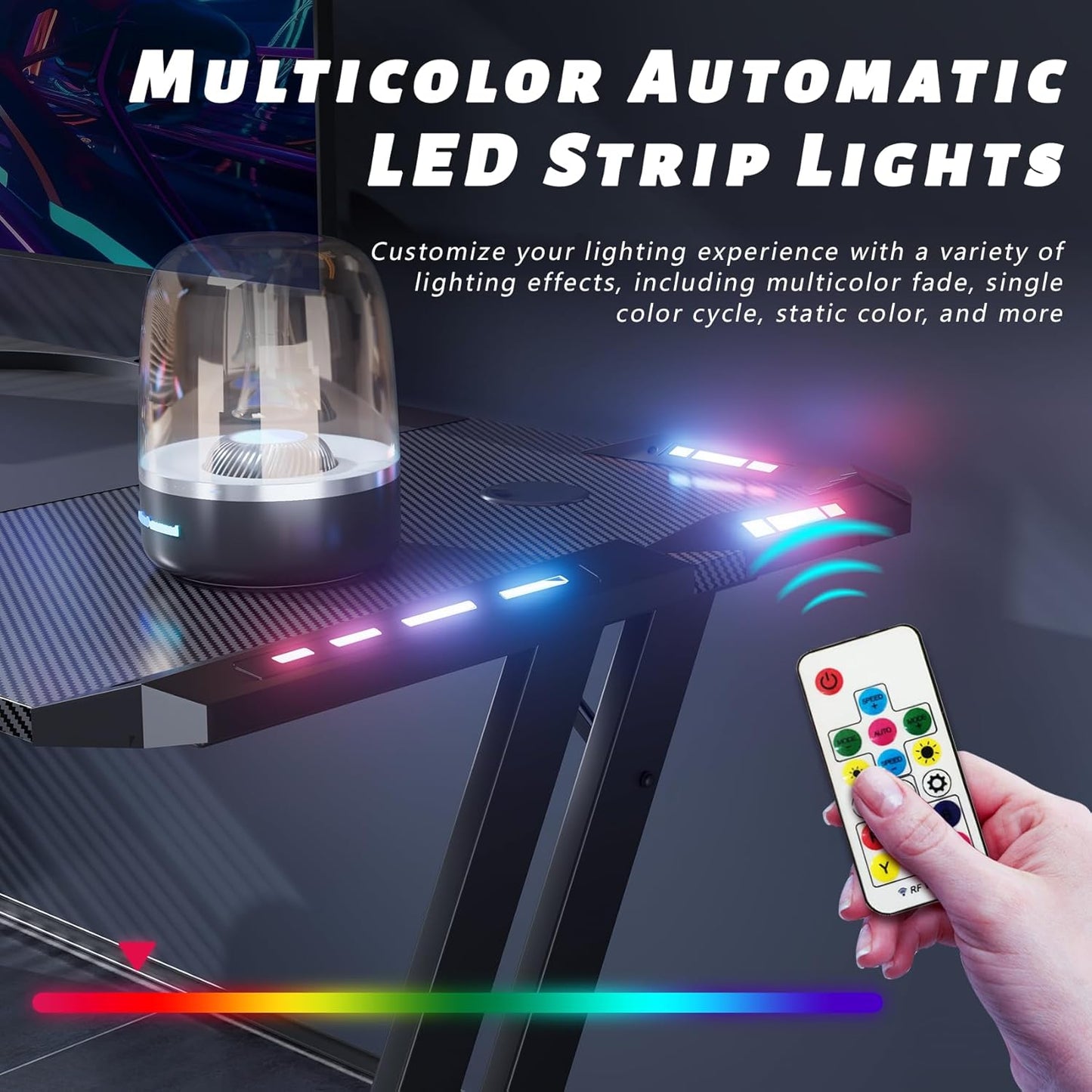 HLDIRECT 55 Inch Gaming Desk with LED Lights Carbon Fibre Surface Gaming Table Large Computer Desk Ergonomic Home Office Desks Z Shaped PC Gamer Workstations with Cup Holder & Headphone Hook Black