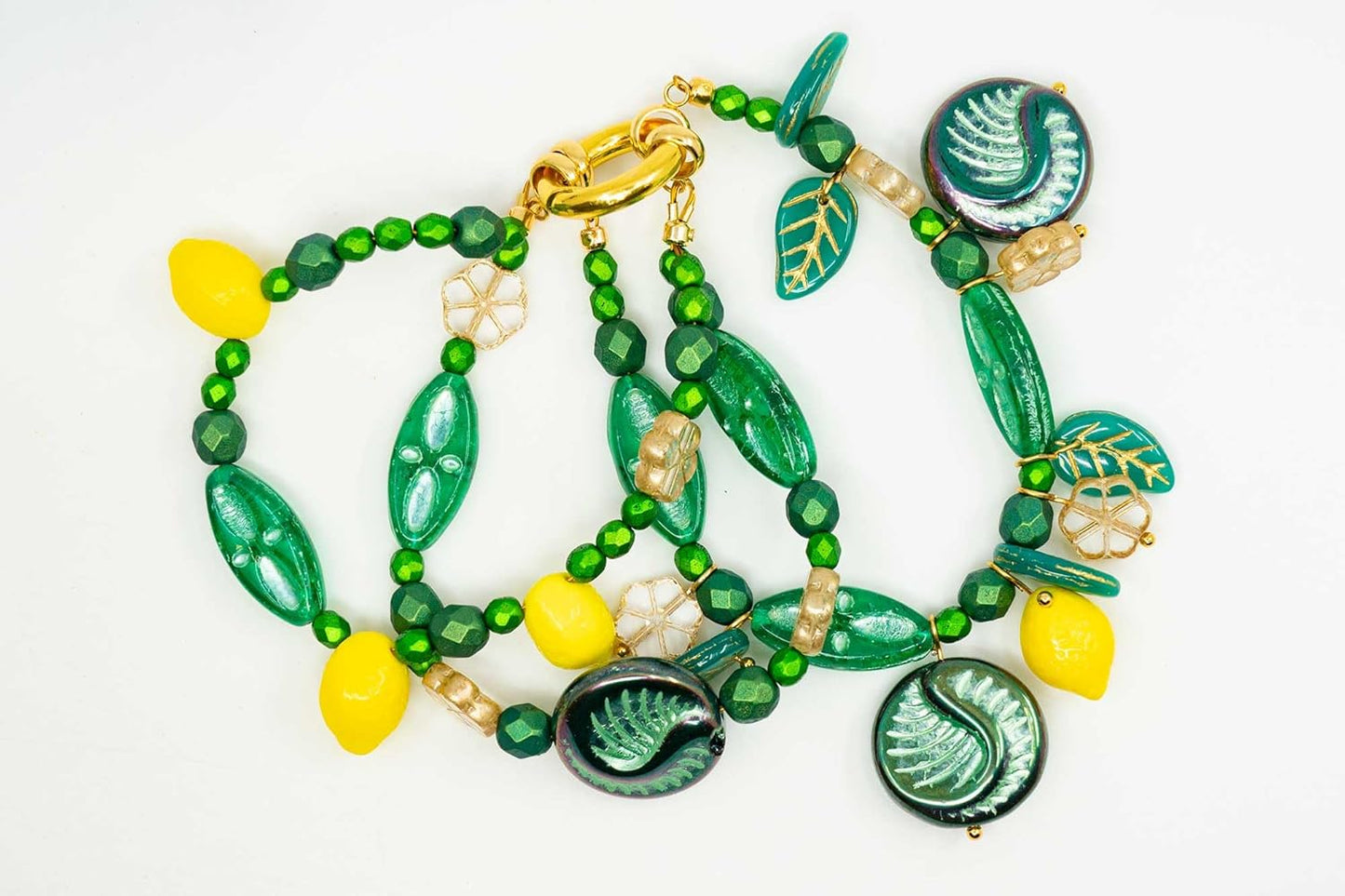 2.1oz (60g) of Focal Czech Glass Bead Mix with Lemon Shaped Beads, Seashel Beads and Leaf Beads, Emerald