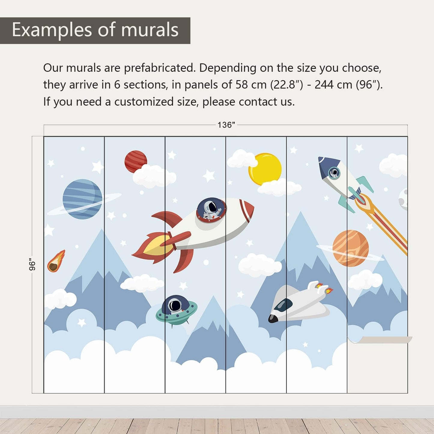 AFZEVEB-Space Mural Hand-Painted Cartoon Wallpaper for Kids Room 136"x96"(Not Peel and Stick)