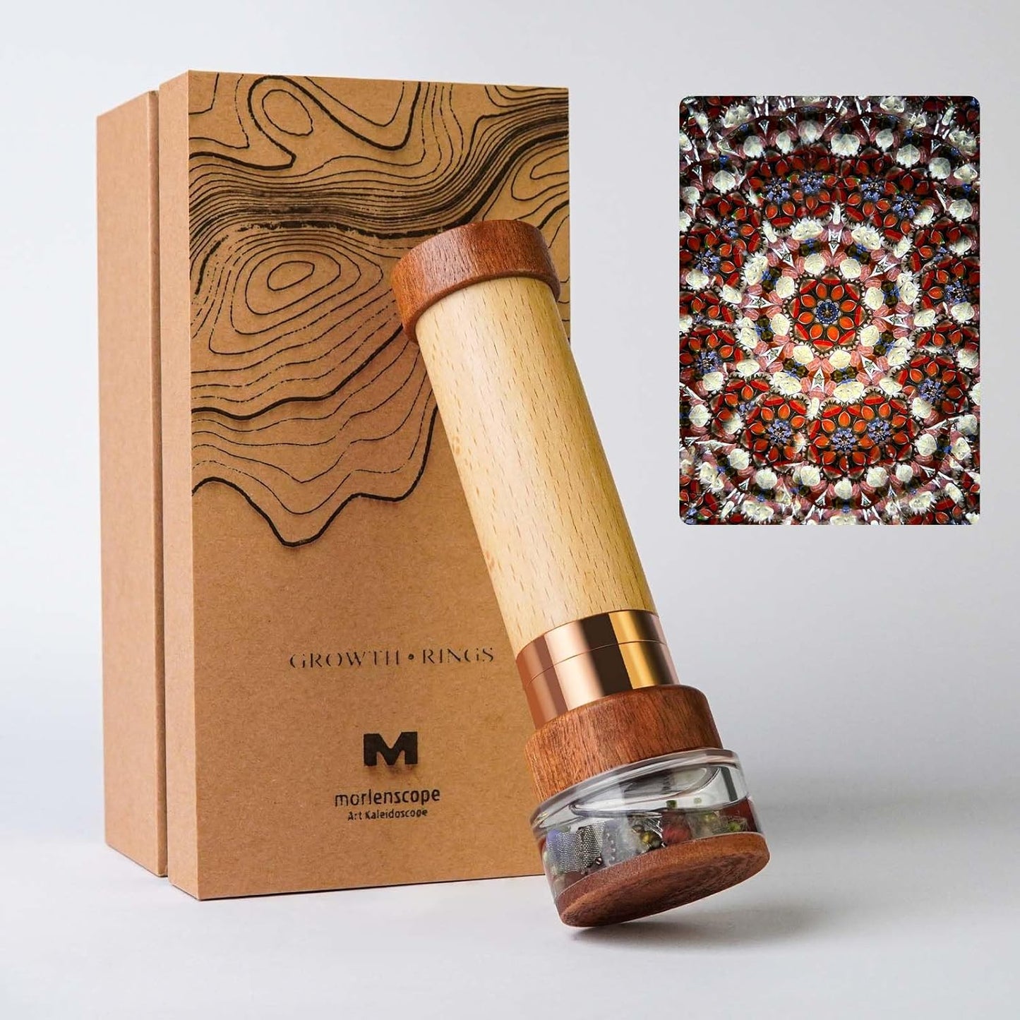 Growth Rings Wooden Kaleidoscope Full Screen Effect,6.5" Handmade Brass Rotatable Oil-Filled Core Box Nature Kaleidoscope Kit,Vintage Gift Box,Anniversary Birthday Gift for Man Woman