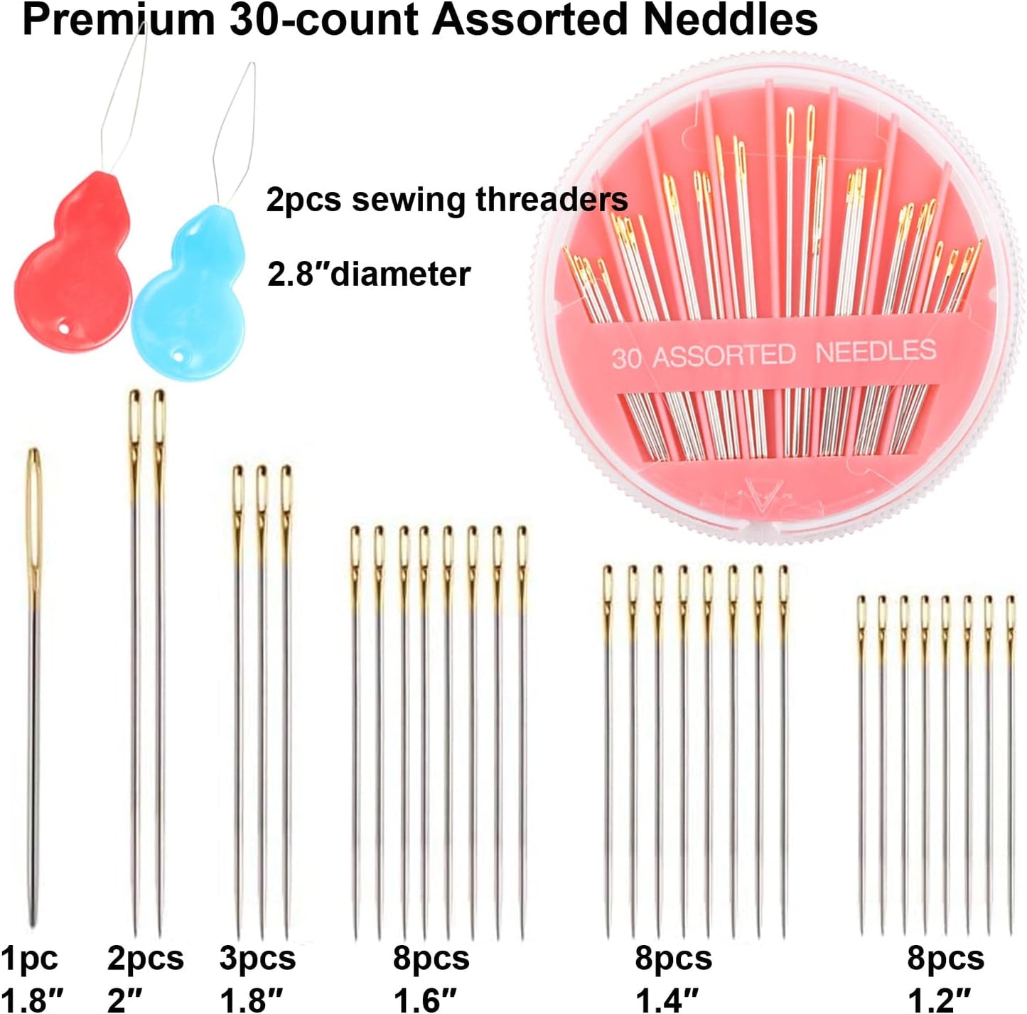 Eketirry 120pcs Premium Hand Sewing Needles, 4 Pack 30-Count Assorted Needles for Sewing Repair, 6 Different Sizes Sewing Needles with 2 Threaders (Pink& Blue,2)