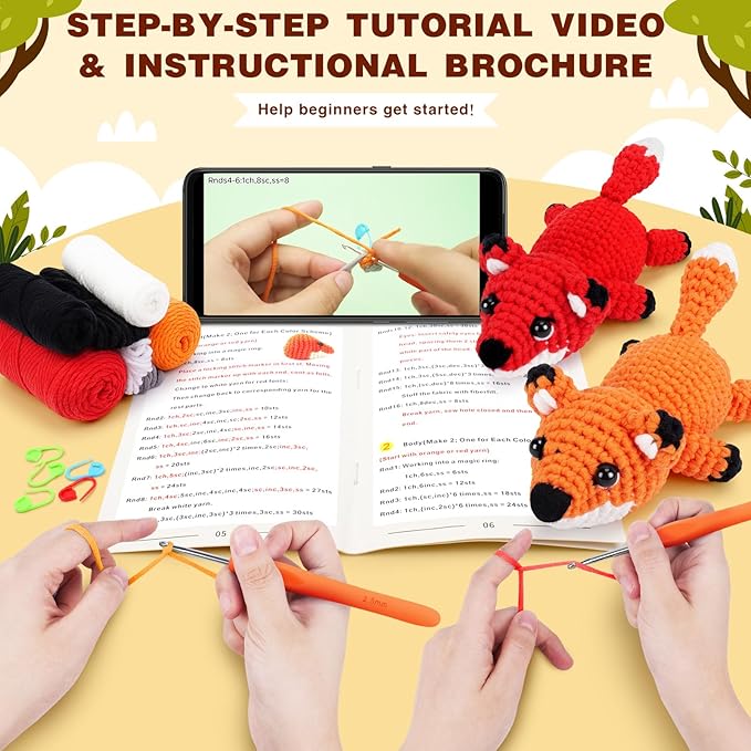 Fortuning's JDS Crochet Kit for Beginners - 2 PCS Fox Crochet Kits with Step-by-Step Video Tutorials, Beginner Crochet Kit for Adults, Crochet Animal Kit for Kids, Crochet Fox Set (Orange & Red)