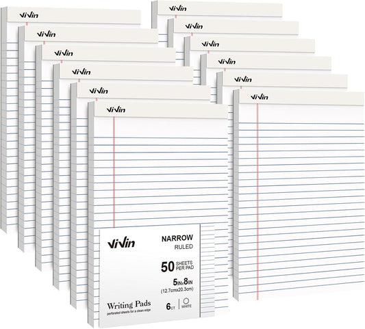 ViVin 5 x 8 Inch Legal Pads, 12 Pack, Narrow Ruled, 50 Sheets Per Writing Pad, Perforated Note Pads Ideal for Home, Office, Business, 600 Sheets, White Paper