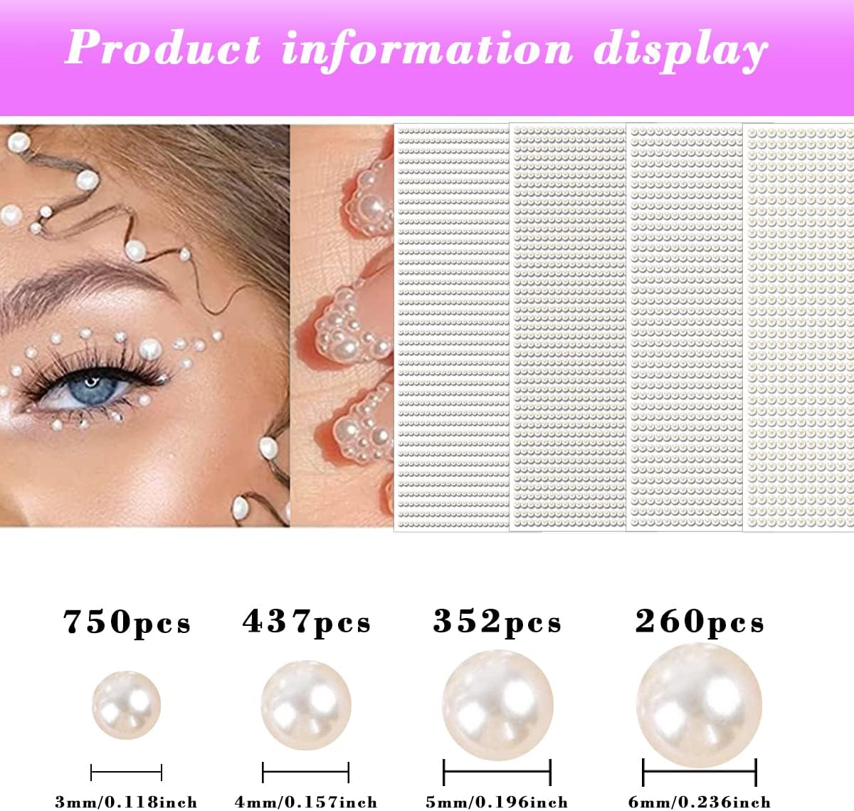 1799pcs Self Adhesive Face Pearl Gems Stickers, Hair Gems Rhinestones Stickers, Bling Jewels for Makeup, Crafts, Home Decor Scrapbooking Embellishments, 4 Sizes 3mm/4mm/5mm/6mm(Beige Pearl)
