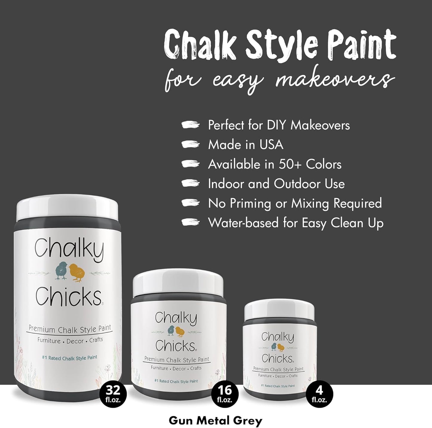 Chalky Chicks All-in-One Chalk Paint for Furniture or Cabinet -16Fl Oz-Matte Finish Gun Metal Gray (Dark Gray) for Metal, Wood Furniture Paint - No Sanding All-in-One for Home Decor & Crafts, USA Made