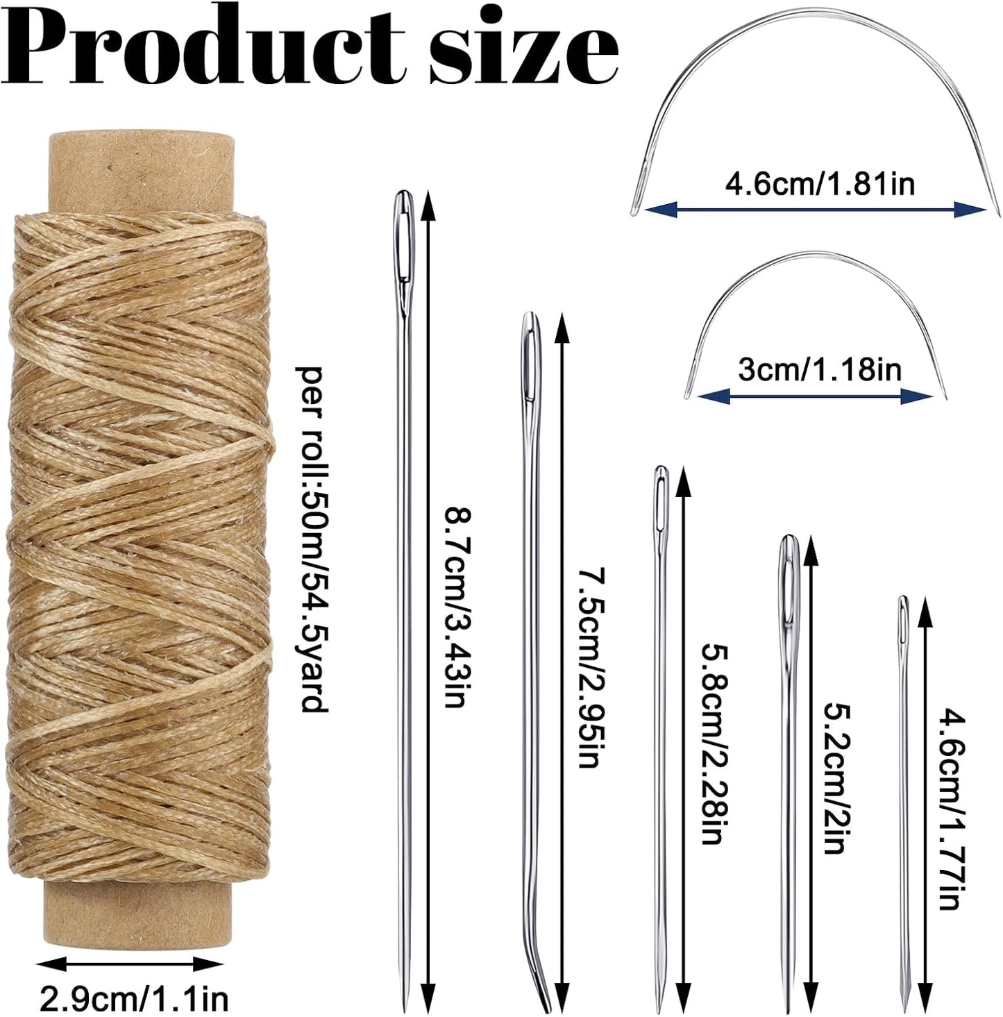 110Yards Waxed Thread with 7 Pcs Leather Needles for Hand Sewing 150D Flat Sewing Waxed Thread Leather Repair Needles for Sewing Upholstery Leather Canvas Bags Sofa Furniture（Black+Khaki）