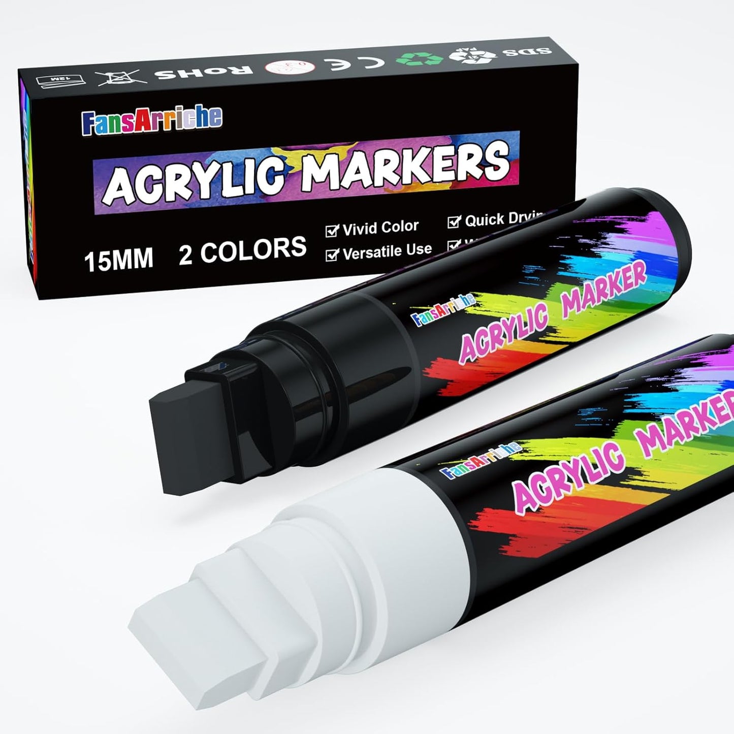 FansArriche Acrylic Paint Markers, 15mm Jumbo Felt Tip, Black and White Colored Waterproof and Permanent Paint Pens for Tagging, Signs, Calligraphy, and Outdoor Paintings