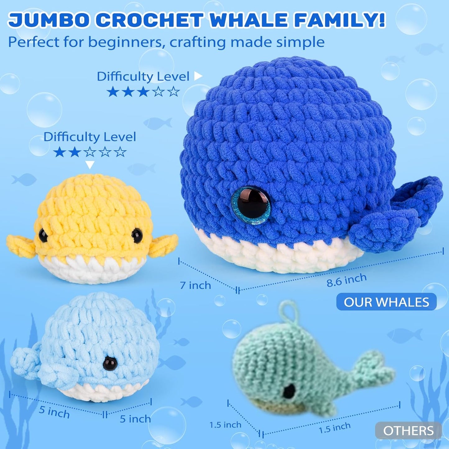 Crochet Kit for Beginner, Upgraded Easy Yarn Crochet Starter Kit w Step-by-Step Video Tutorials, Beginner Crochet Kit for Adults & Kids, Men & Women, Complete Kit Included, 3Pack Whale Family