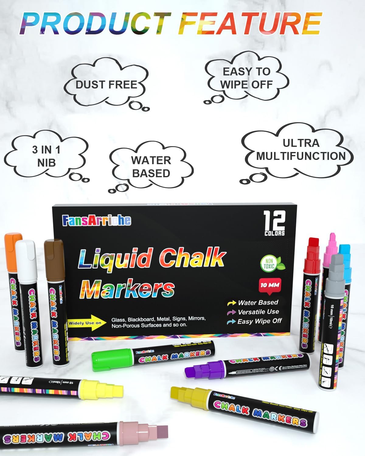 FansArriche Liquid Chalk Markers, 12 colors 10mm Erasable Marker Pens, Washable Window Markers For Glass, Blackboard, Bistro Menu, Car Windows, Mirrors, Labels, 3 In 1 large nib