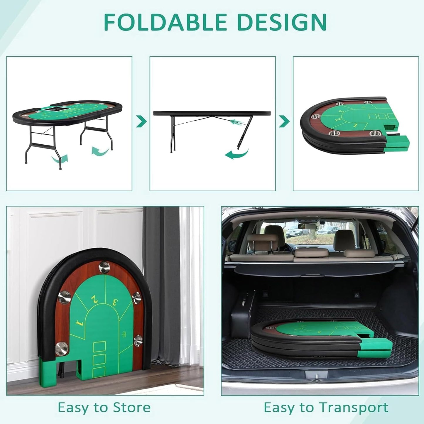 Upgrade 84" Folding Poker Table, 10 Players Oval Card Table with Stainless Steel Cup Holders and Padded Rails, Casino Leisure Felt Surface Texas Hold 'em Poker Table, Green