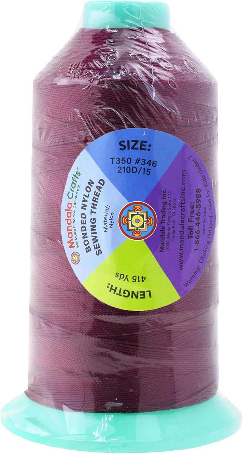 Mandala Crafts Bonded Nylon Thread Burgundy Heavy Duty Sewing Threads - 415 YDs Size 346 210D T350 Tex 350 Thread for Leather Jeans Weaving Outdoor Marine Upholstery Threads